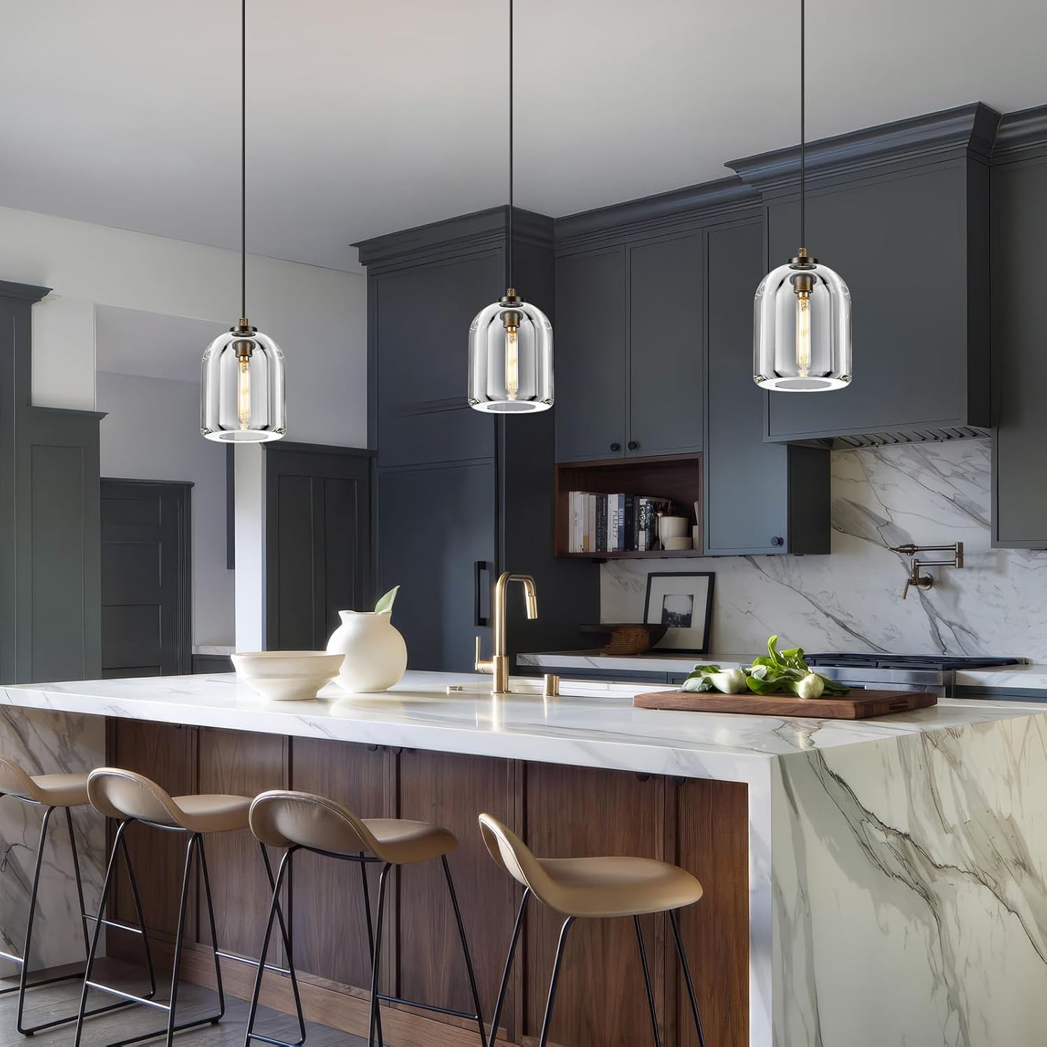 Crystal Pendant Light Kitchen Island: 5.1" Vintage Copper Hanging Lights above Dining Table - K9 Crystals Lighting over Kitchen Sink - Luxury Cylinder Pendants Light Fixtures Bulb Included for bedroom