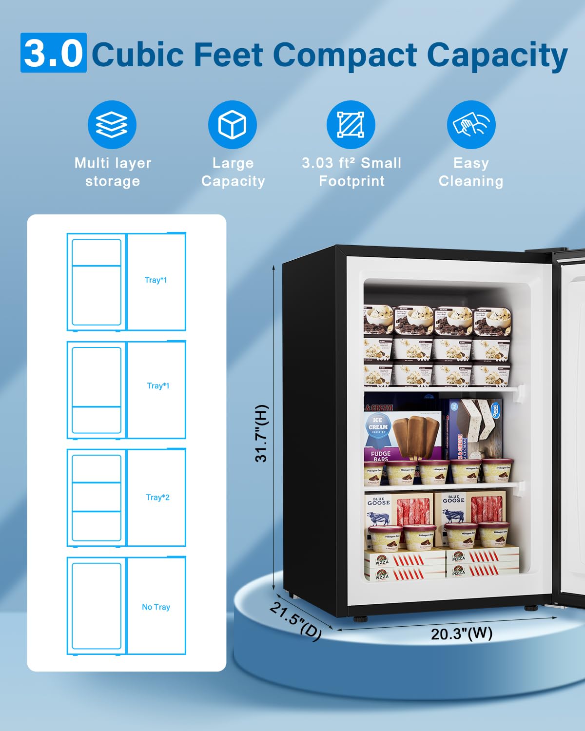 Feelfunn Congelador vertical de 3.0 pies cúbicos - Mini congelador compacto con termostato ajustable de 7 niveles, estantes removibles, puerta individual reversible, congelador pequeño de