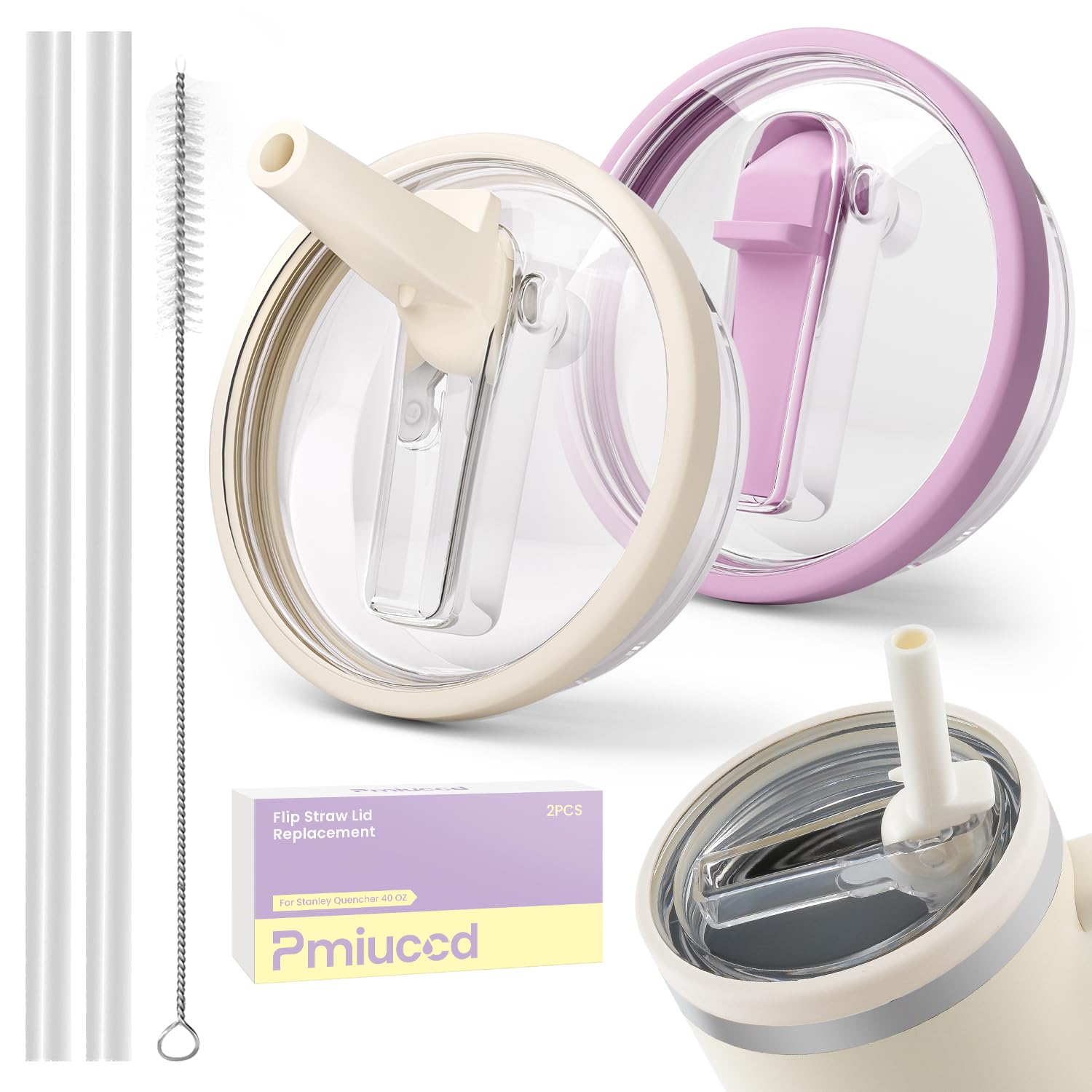 Photo 1 of 2 Pack Stanley Lid Replacement 40 oz, for Stanley H2.0 Quencher Cup Accessories, Dust-Proof Straw Cover for stanley cups, Spill-Proof Design, Stanley Cup Accessories?Beige & Purple?
