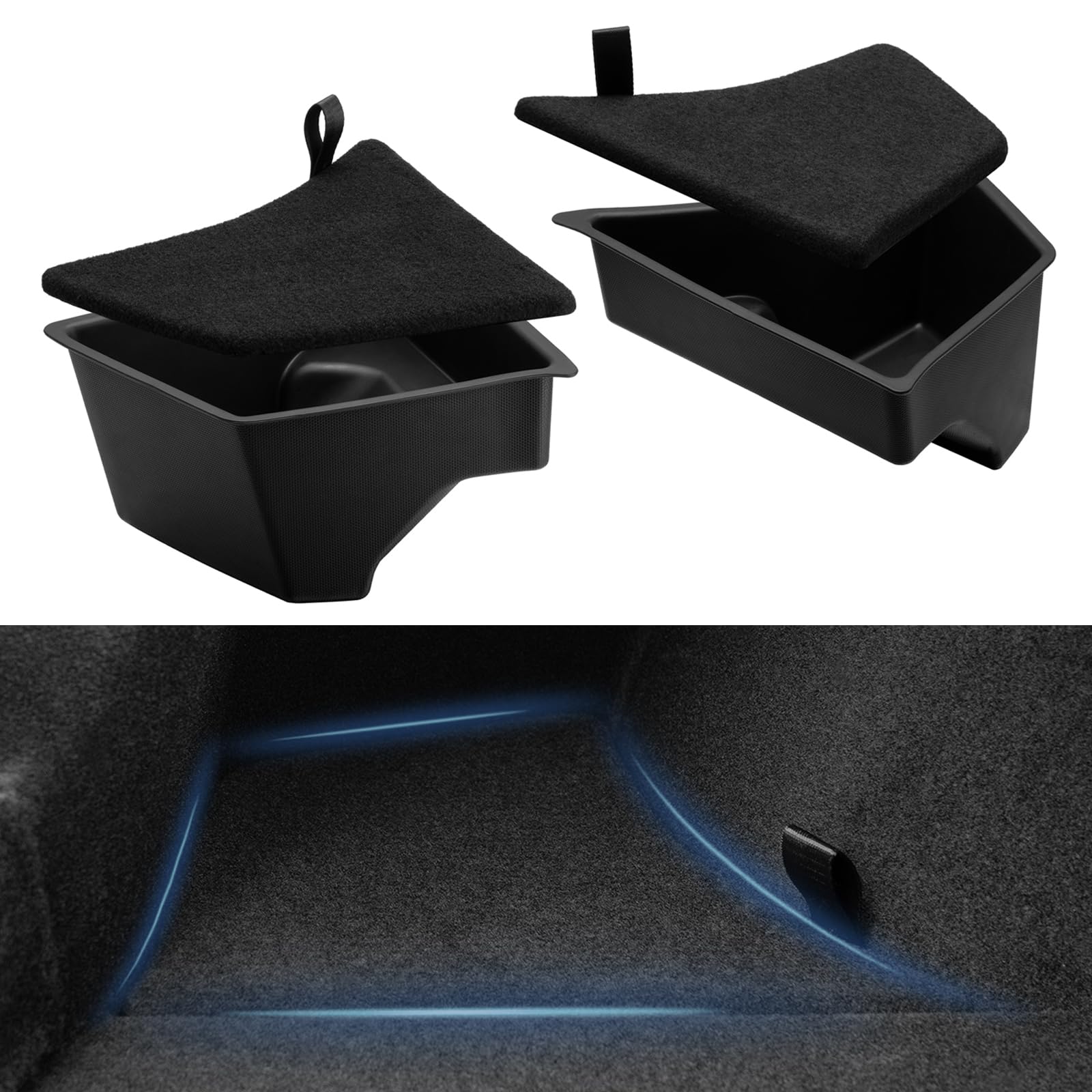 for Tesla Model 3 Highland 2024 Trunk Organizer Box Waterproof Rear Small Trunk Storage Side Bin with Carpeted Lid Interior Accessories 2PCS