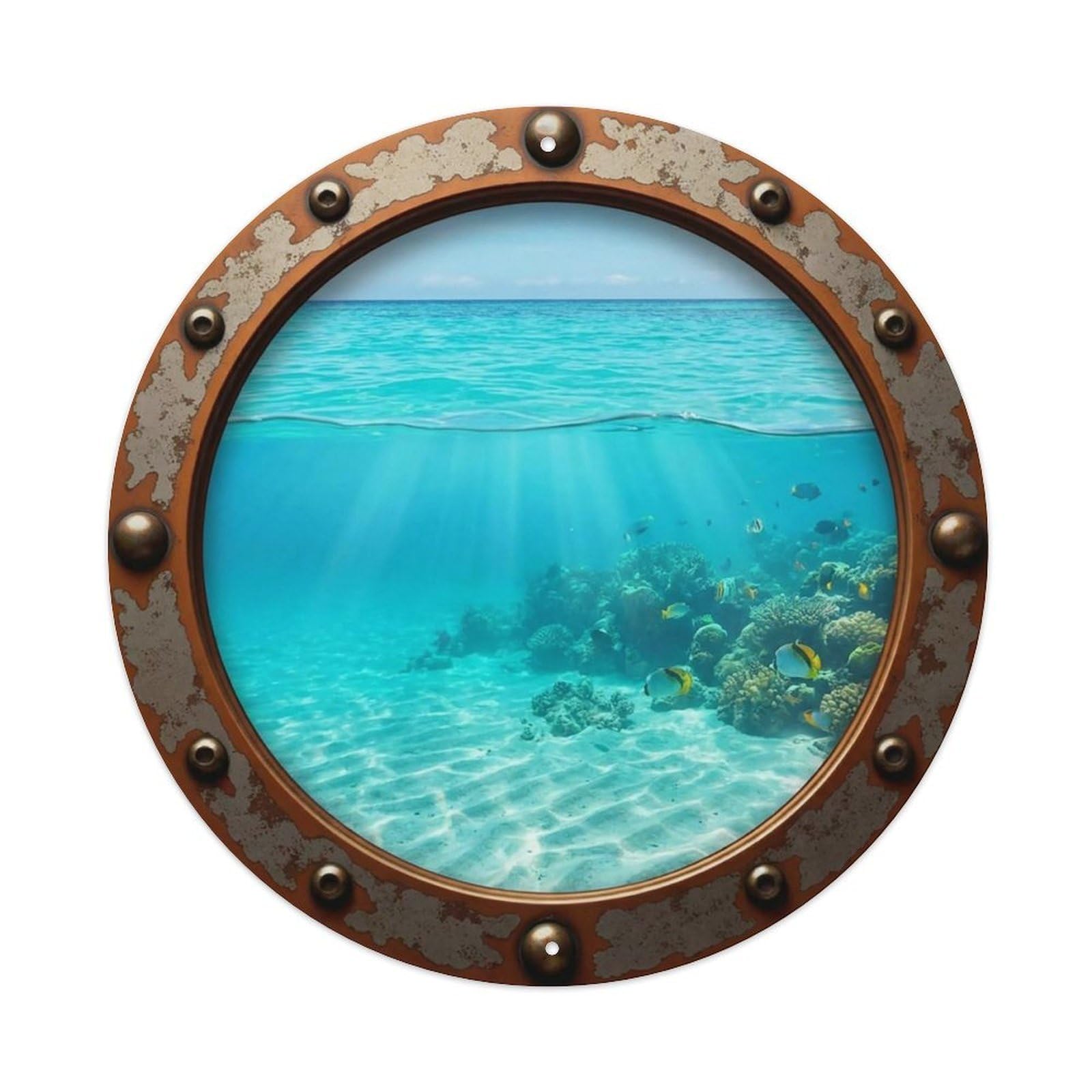 Vintage Porthole Cyan Shallows Nautical Window View Vintage Metal Tin Sign Plaque Wall Decor for Cafe, Club Bar, Office, Garden Metal Poster 8x8Inch