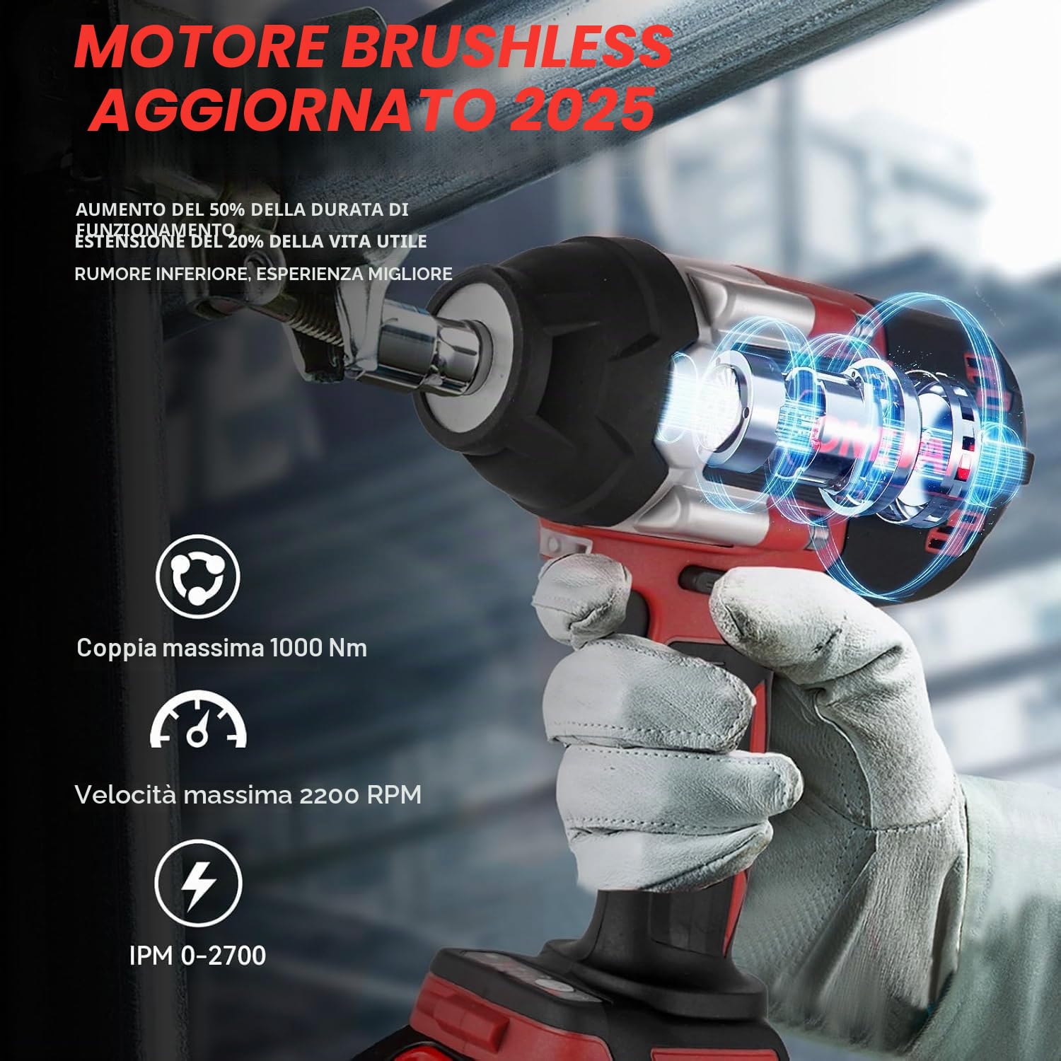 ONEVAN Avvitatore a Percussione Senza Fili 1000 Nm con 2 Batterie 4,0 Ah, Senza Spazzole 1/2" per Auto, Cantiere e Montaggio Pesante (Rosso)