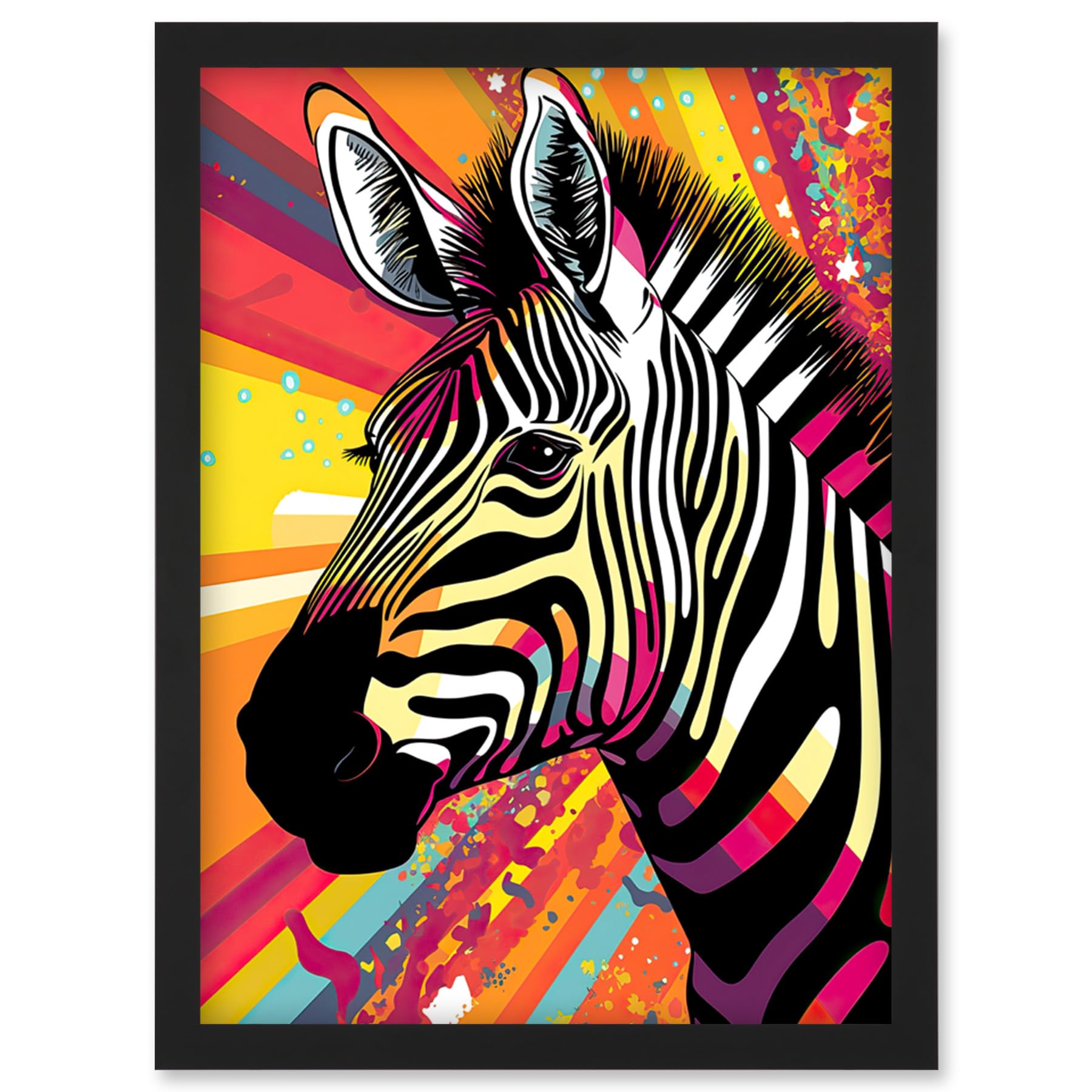 Artery8 Zebra Portrait Vibrant Colourful Stripes Bright Bold Psychedelic Rainbow Artwork Framed Wall Art Print A4