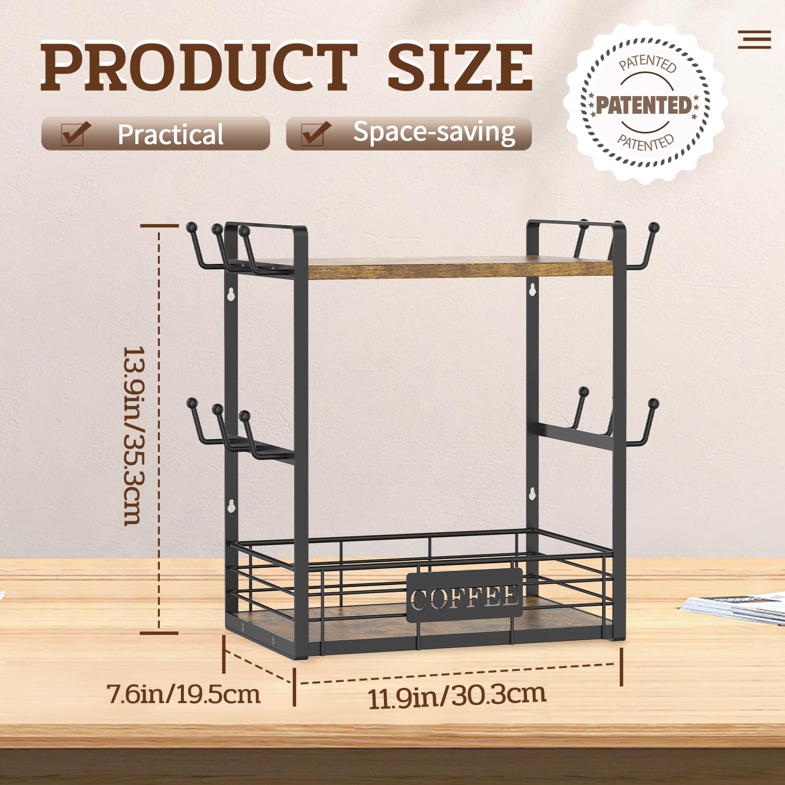 EsLuker.ly 2 Tier Coffee Cup Holder for Countertop, 12 Hooks Coffee Mug ...