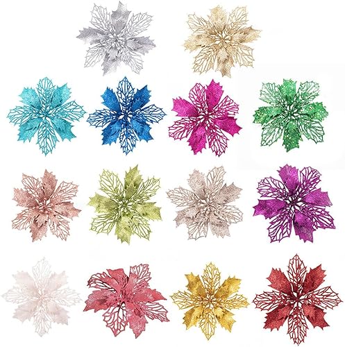 Miniatura 4 de 10 flores artificiales de Navidad de flor de pascua, lentejuelas con purpurina, adornos para árbol de Navidad, decoraciones de flor de pascua para