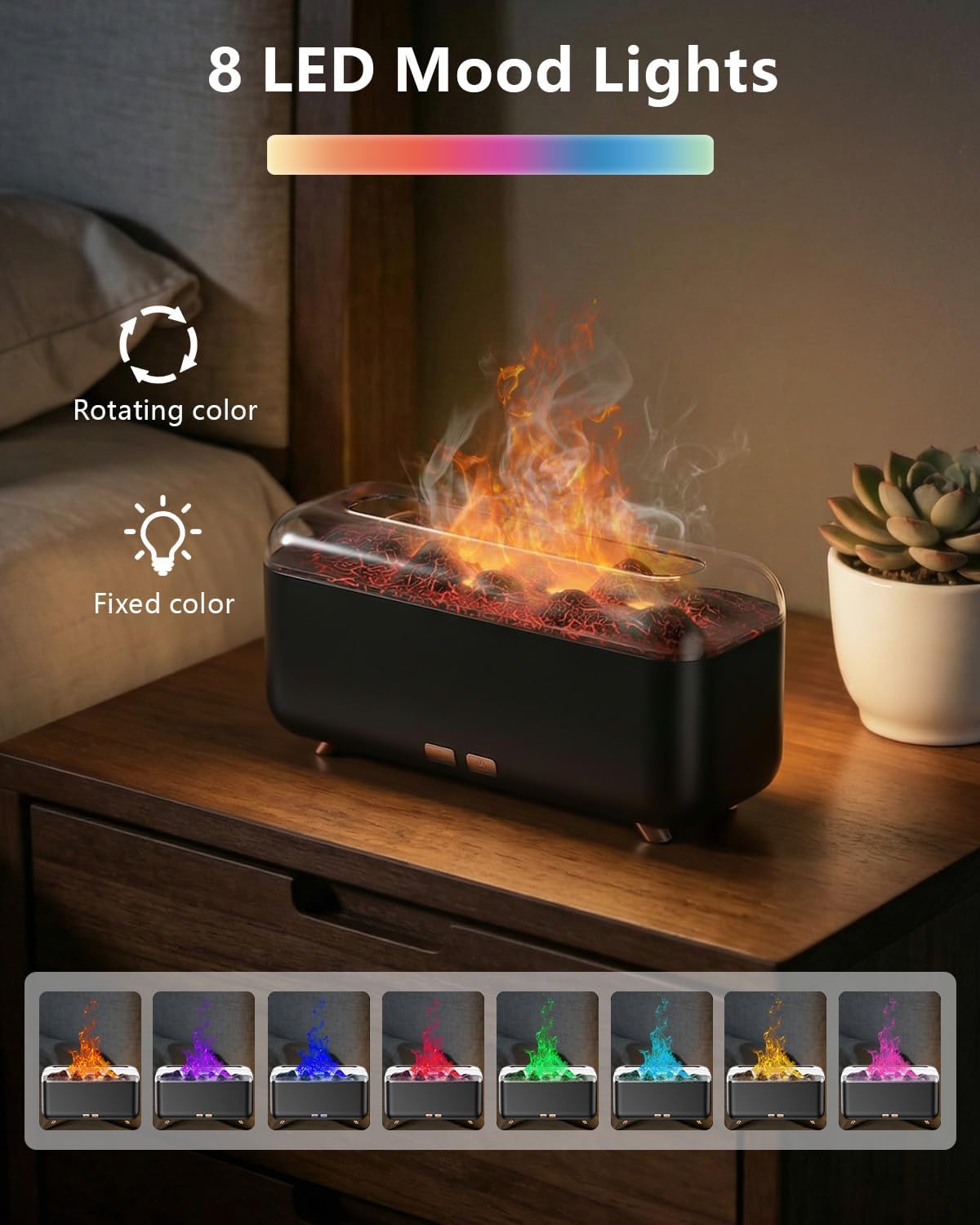 Essential Oil Diffuser, Fireplace Flame Aromatherapy Diffuser 500ml Aroma Humidifier for Home with 8 Colors Night Light, Timer, Auto-Off, Noiseless Scent Diffuser for Bedroom, Office,Yoga