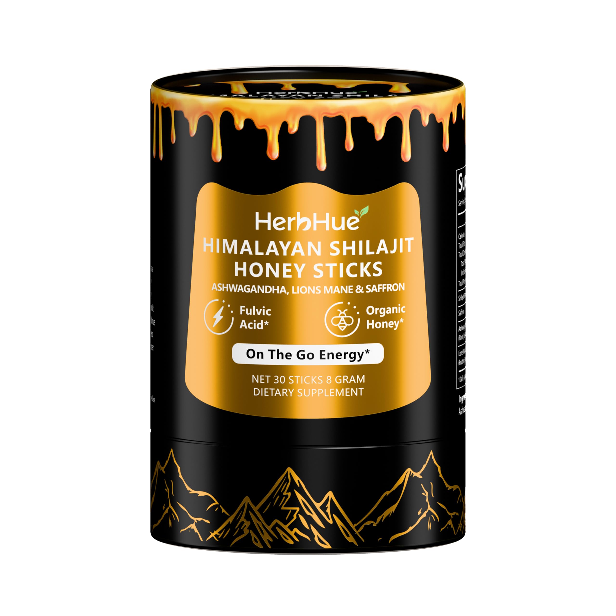 HerbHue - Palitos de shilajit del Himalaya - 30 sobres | 79% de ácido fúlvico | con Ashwagandha, melena de león y azafrán | Mezcla de miel de una sola porción