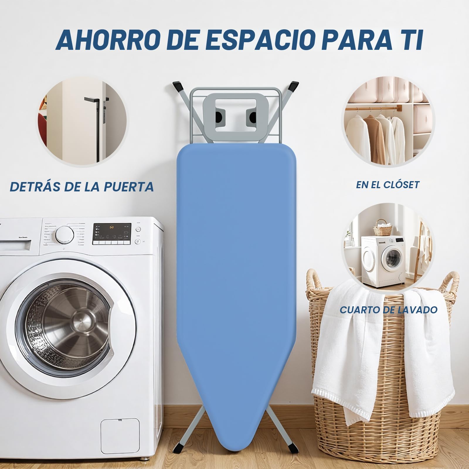 TEENO Tabla De Planchar Plegable 120 x 45 cm, Compatible con Plancha De Vapor, Cerradura Segura,7 Ajustes De Altura,100% Algodón,Soporte De Plancha Integrado, Universal para Hogar/Lavandería(Azul)