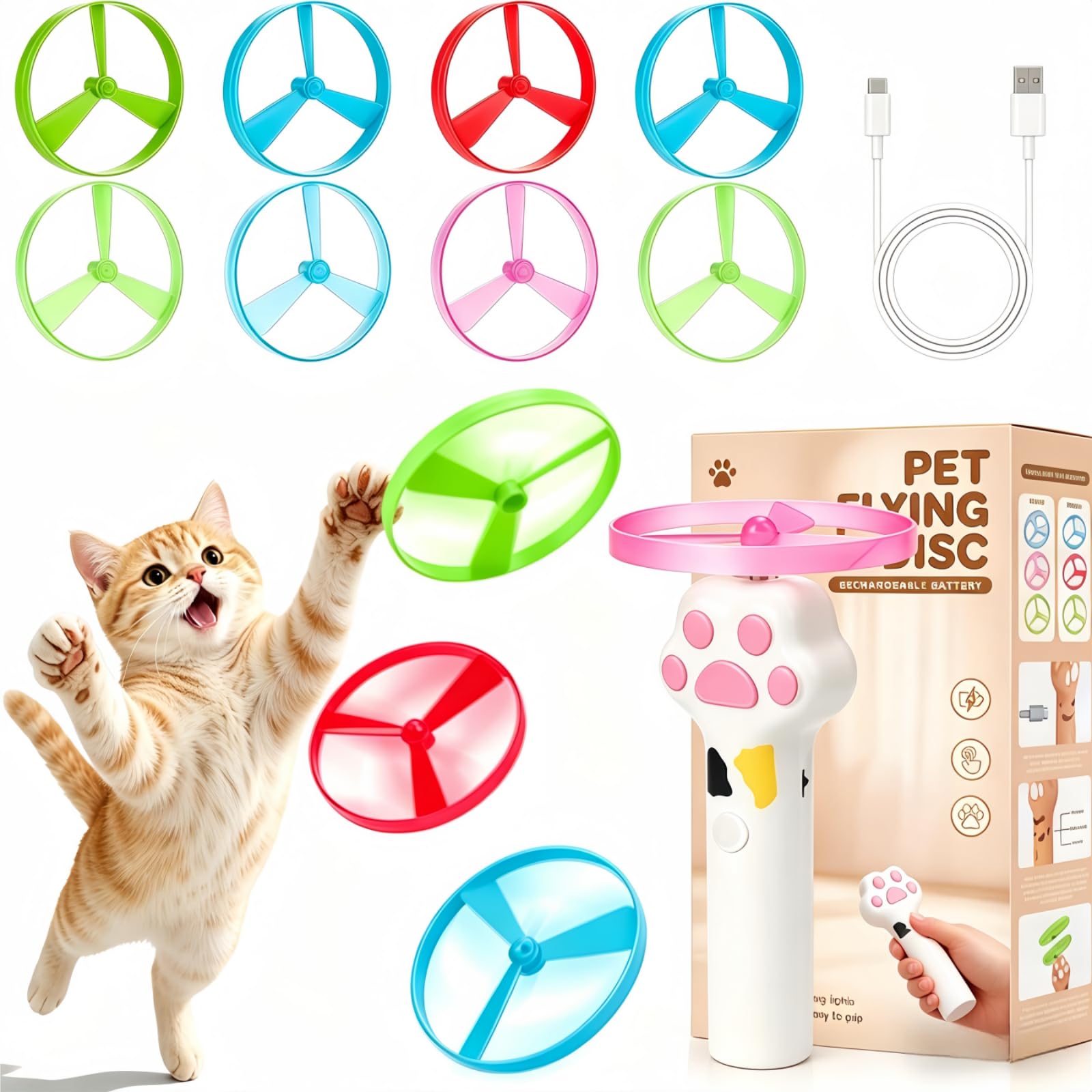 ZKDQB Cat Fetch Toy, Rechargeable Cat Toy Flying Disc Launcher with 8 Flying Discs, Interactive Cat Toys, Flying Toys Cat Enrichment Toys for Indoor Bored Kittens & Adult Cats