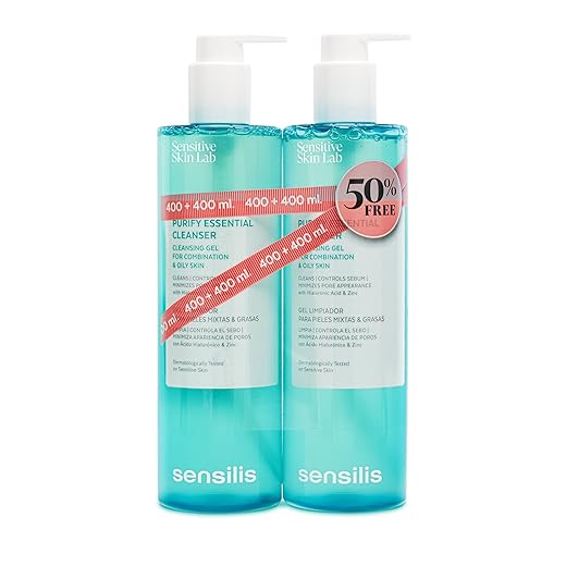 Sensilis - Purify Essential Cleanser, Gel Limpiador Purificante y Matificante, Regula los Niveles de Sebo, con Ácido Hialurónico y Zinc, para Pieles Mixtas y Grasas - 2 x 400 ml