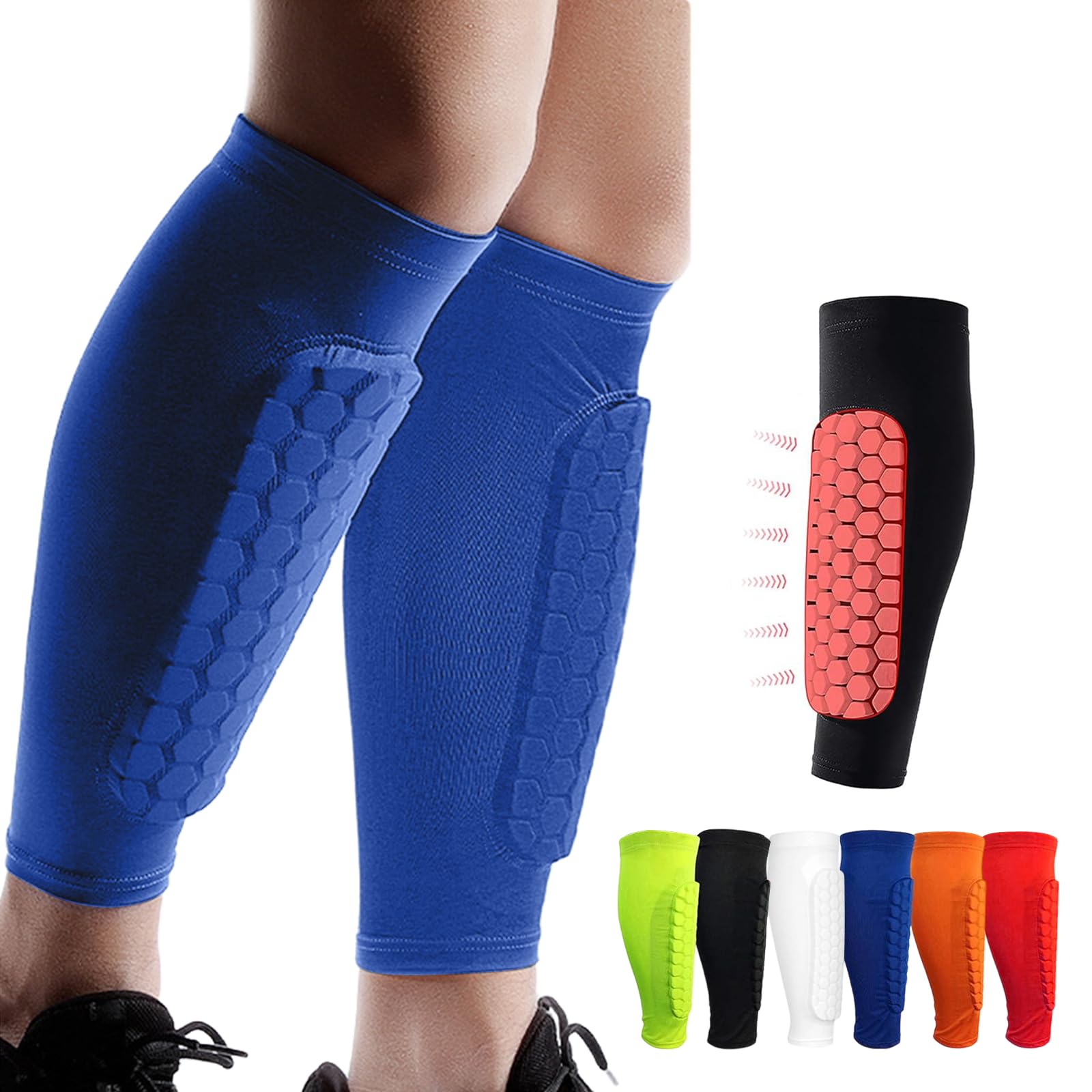 Shindefender Shin Guards Pads, Honeycomb Compression Sleeve Football Shin Guards for Boys, Teenagers and Adults, Soccer Defender Pads with Superior Impact Absorption, Lightweight (Blue, L) — image 1