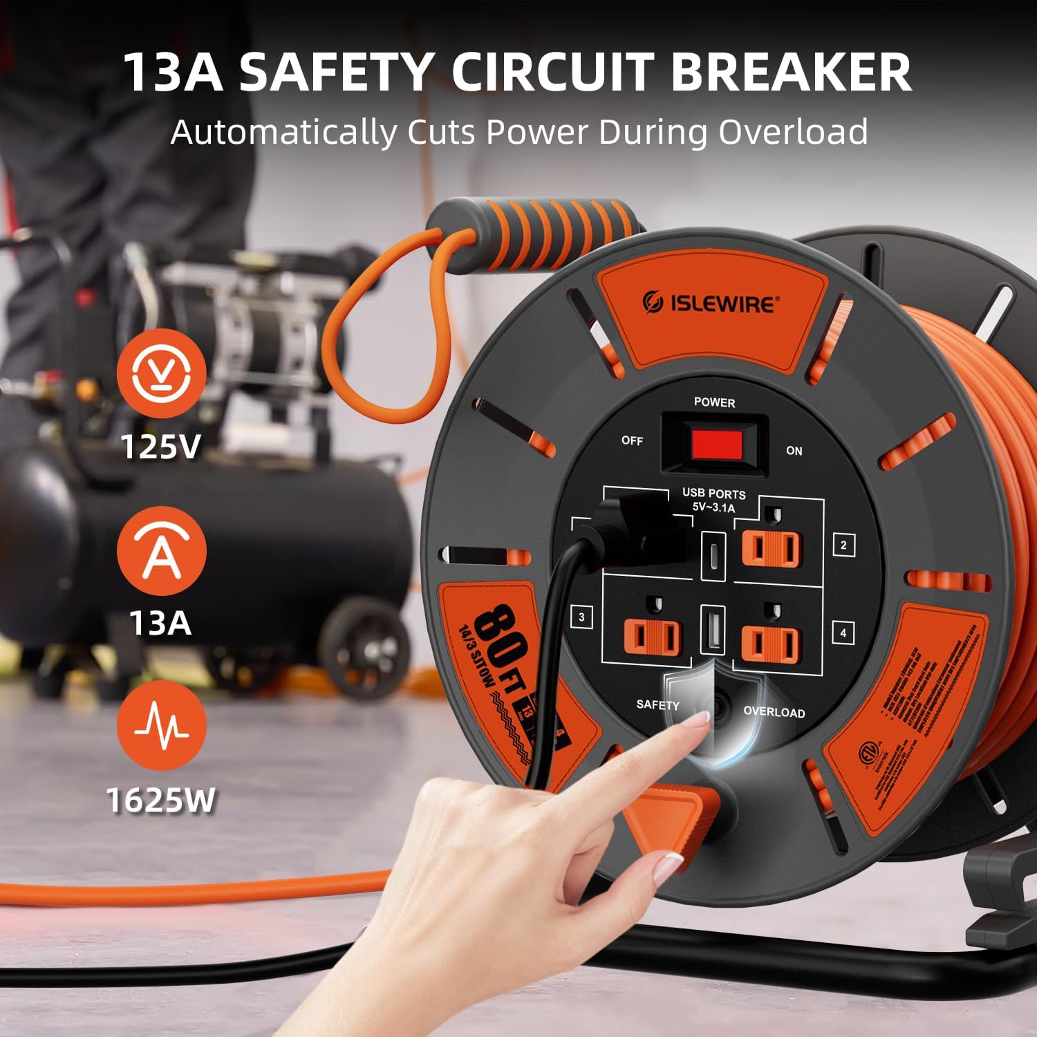 Retractable Extension Cord Reel 80 FT, 14AWG SJTOW Heavy Duty Power Cord with 4 Grounded Outlets, USB-A & USB-C Ports, 13A Circuit Breaker, Hand Crank for Indoor Outdoor Use, ETL Listed, Orange