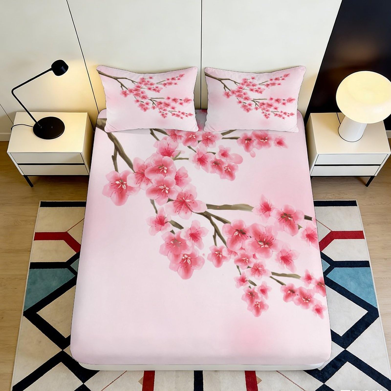 3D Printed soft touch cherry blossom Fitted Sheet Microfiber apartment bedding, wrinkle resistant, easy care, stylish decor, protects mattress, guest room use, pink floral design 120x200x25cm
