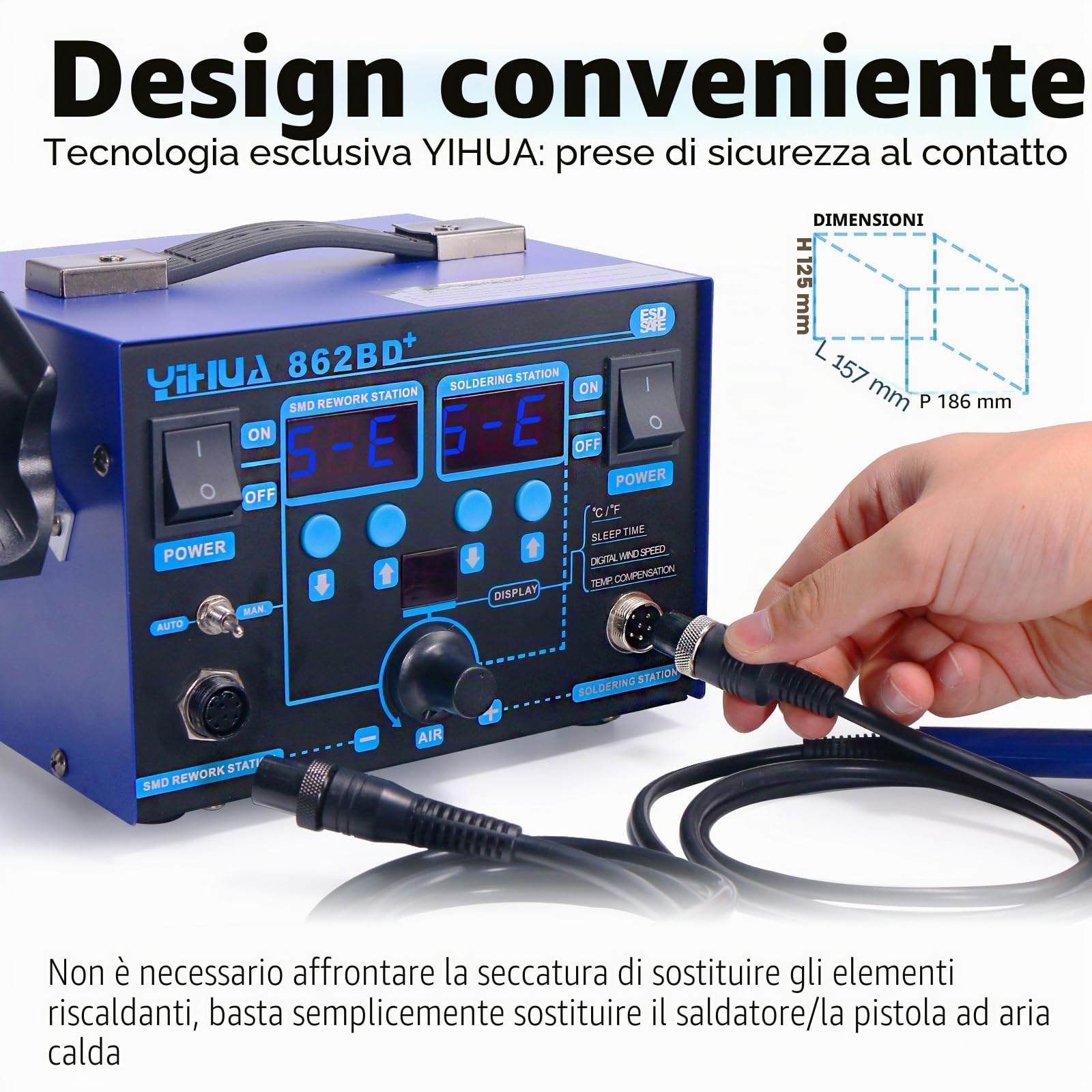 YIHUA 862BD+ stazione saldante ad aria calda SMD 2 IN 1 con stabilizzazione della temperatura