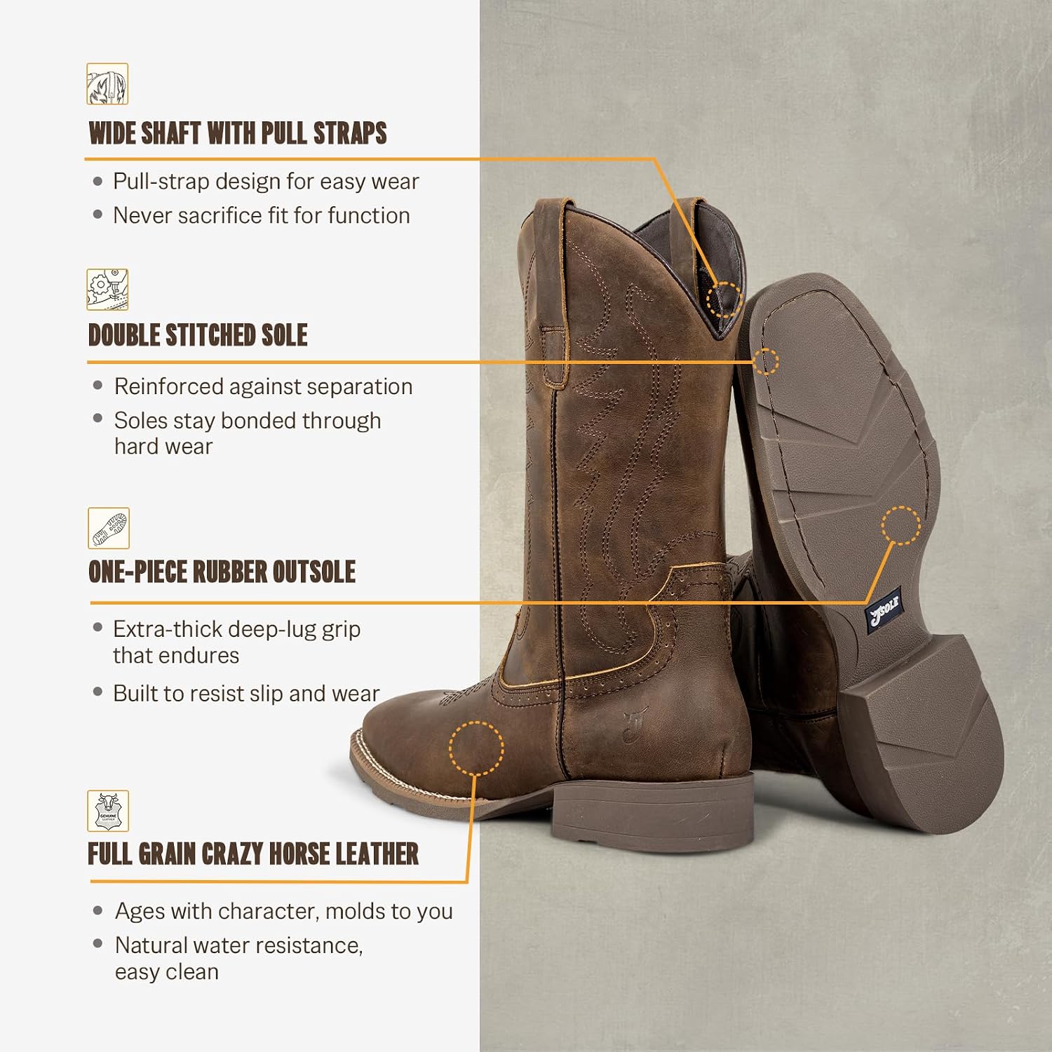J's.o.l.e Cowboy Boots for Men Square Toe Men's Western Leather Work Boots, Botas Vaqueras Para Hombre, Slip Resistant Wide Calf with Embroidery, Casual Dress Riding Brown