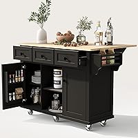 Vista 9 de LUMISOL Isla de cocina rodante con hoja abatible, carrito de cocina sobre ruedas con 3 cajones y 2 gabinetes, isla trolley portátil de madera