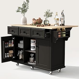 LUMISOL Kitchen Island Cart with Rubber Wood Drop-Leaf, Kitchen Island on 5 Wheels with Open Shelves, 3 Drawers and Storage Cabinet, Black
