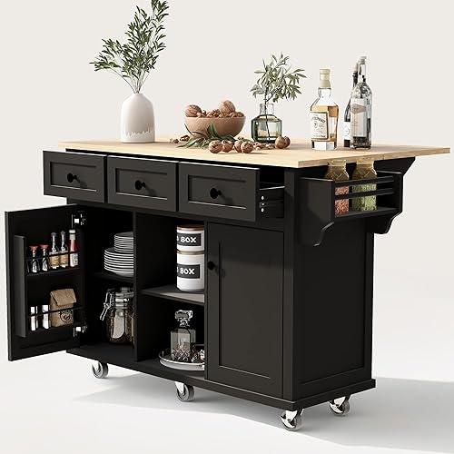 Miniatura 8 de Isla de cocina de 53.9 pulgadas con ruedas con hoja caída, armario de cocina de madera con organizador de gabinete extraíble, carrito de isla de
