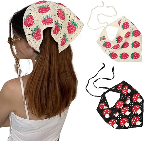 AWAYTR Crochet Bandana Head Kerchief Hair Scarf 2Pcs Knitted Scarves Tie Bcak Floral Headwrap for Women Girls