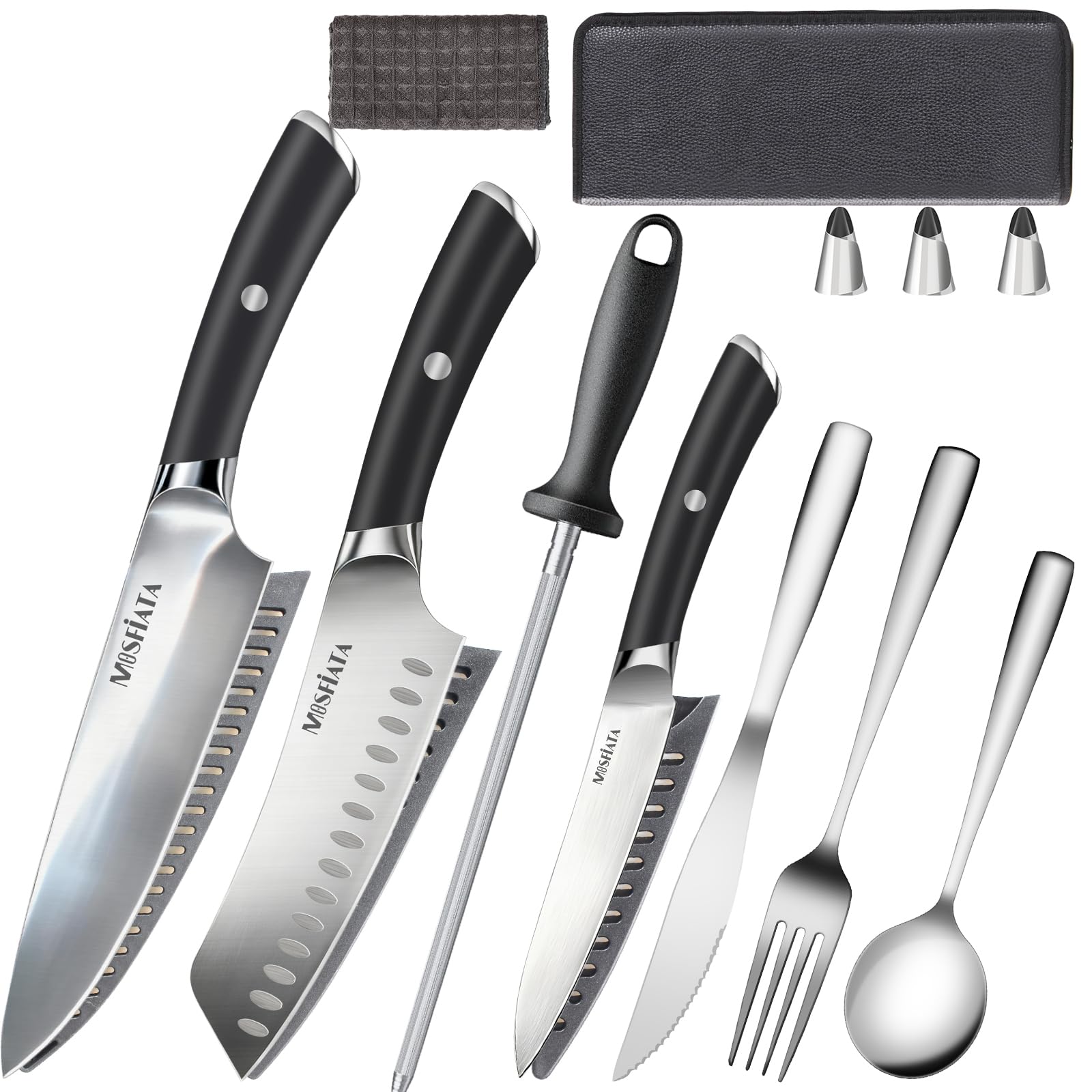 MOSFiATA Küchenmesser Set Edelstahl Outdoor mit Tasche, Scharfes Kochmesser Ensemble,Fingerschutz, Messerschwertüllen, Wetzstab, Oxford Transportbeutel Optimal für Unterwegs