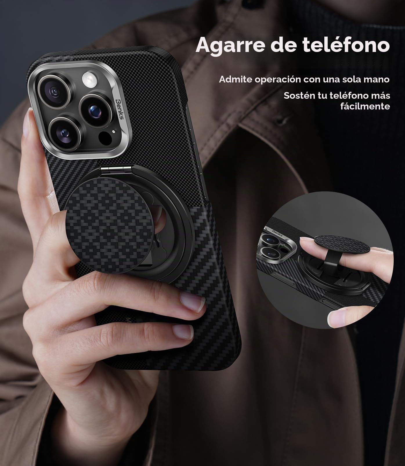 BENKS Soporte y Agarre Magnético para MagSafe – Anillo 360° Rotación de Fibra de Aramida, Liviano y Resistente, Compatible con iPhone 17/16/15/14/13 Pro MAX y MagSafe Fundas