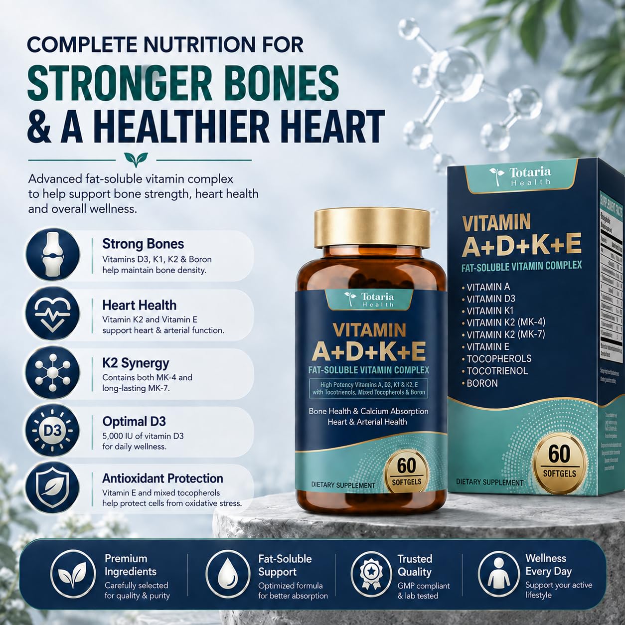 Totaria Vitamins A-D-K-E Softgels Supplement, 5000 IU VIT D3 with Vitamins A, E (Tocopherols & Tocotrienols), K (K1 + K2) - Full Spectrum Vitamin E for Heart, Bone Health and Immune Support — Amazon image 3