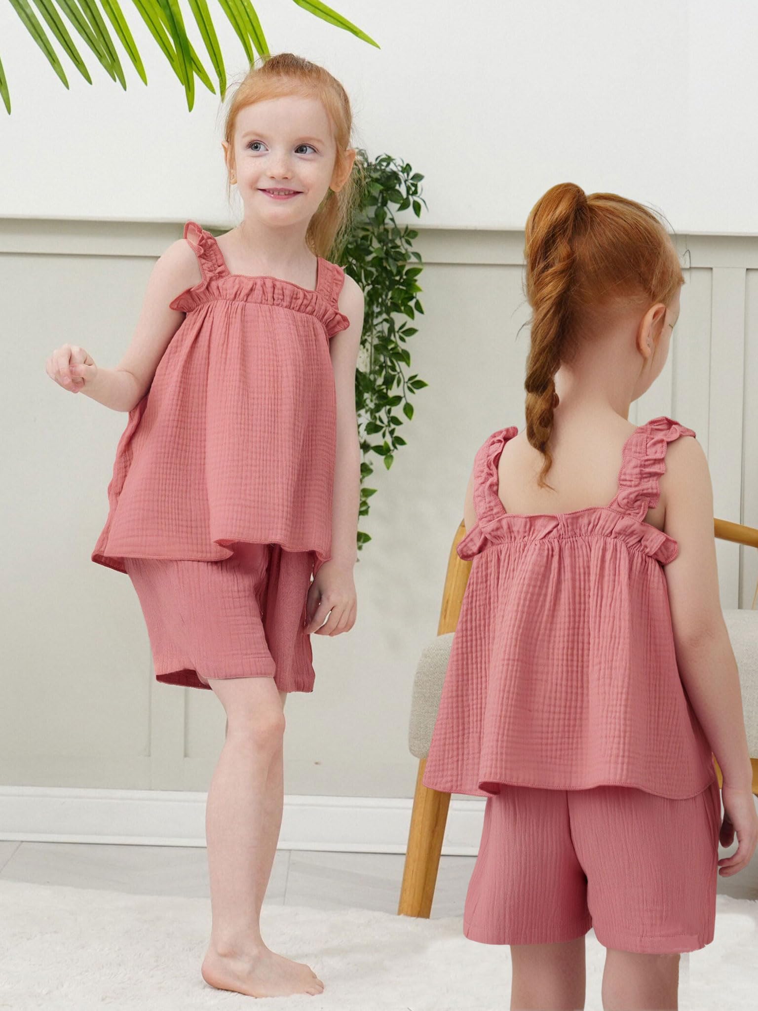 XUANHAO 3T Girls Clothes Summer Toddler Girl Outfits 2T Girls Clothes Casual Sleeveless Linen Shirts Pink Ruffle Hem Tank Tops Shorts Set +Headband Baby 2 3 Year Old Girl Clothing