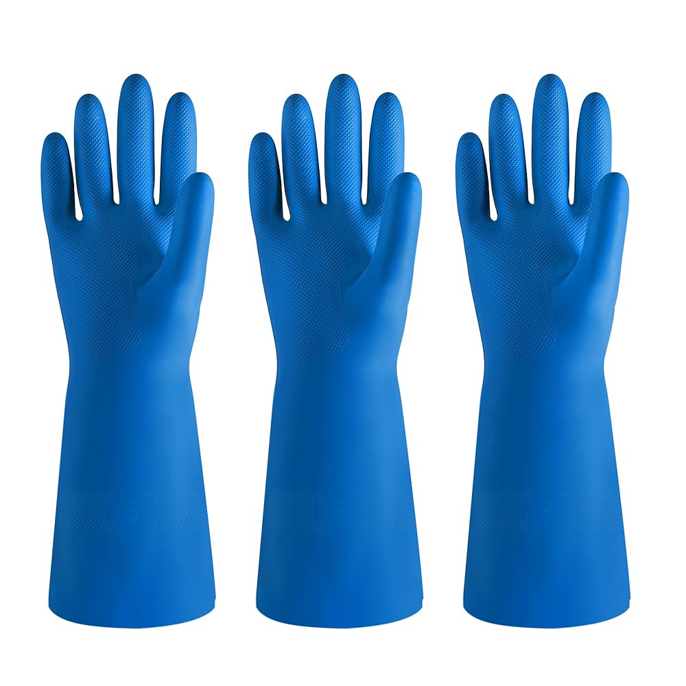 BOOMJOY Nitrile Cleaning Gloves, Heavy Duty Dishwashing Gloves, Reusable Medium Gloves for Kitchen, Bathroom, Gardening, Working, Pet Care - Blue, 3 Pairs, Size M