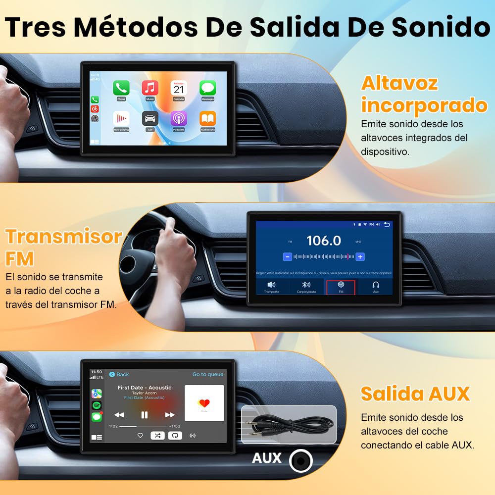 Junsun Pantalla para Coche 7" con CarPlay/Android Auto Inalámbrico, Pantalla Táctil con Soporte Magnético, Bluetooth, MirrorLink, FM y Cámara Trasera