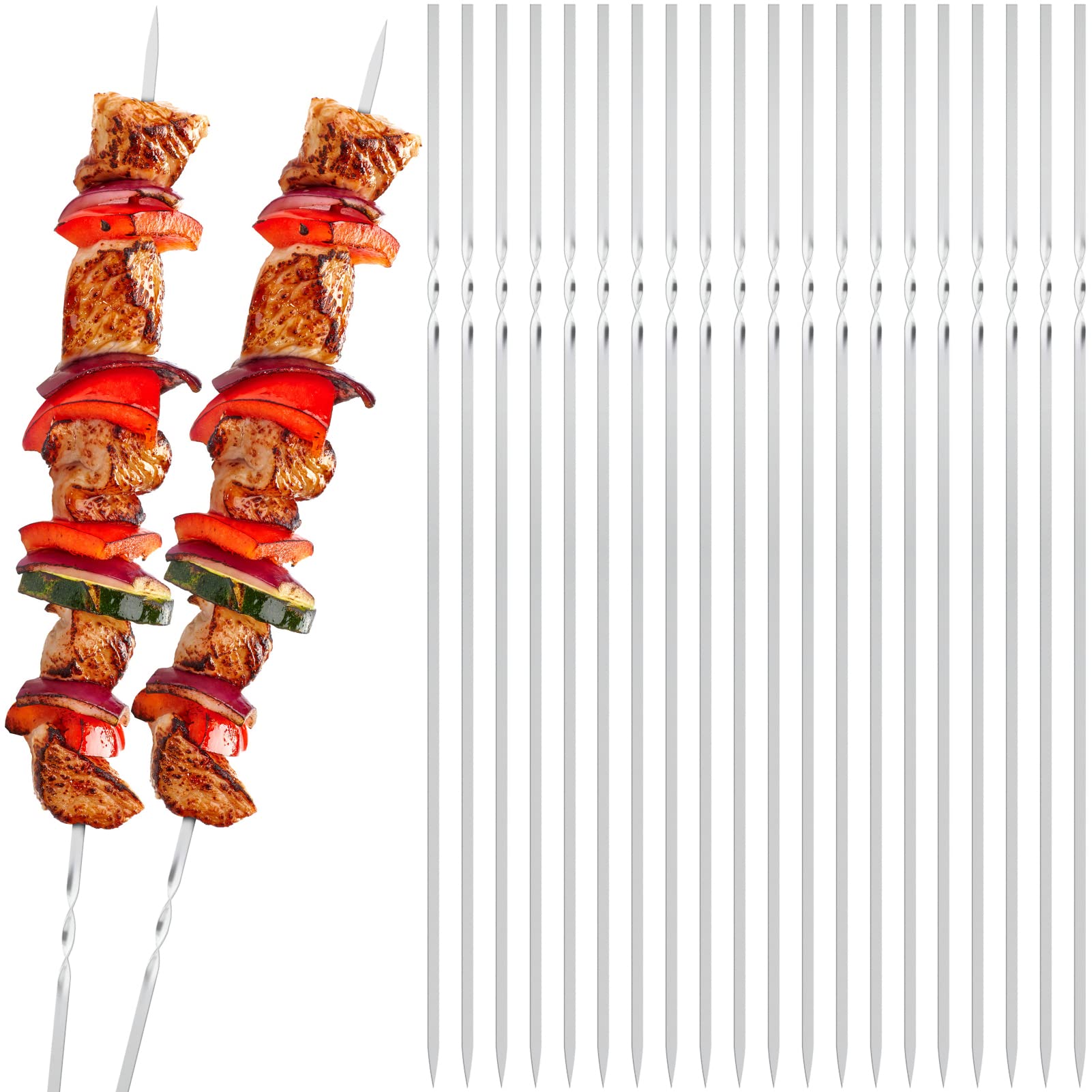 Pack of 20 Barbecue Skewers, Stainless Steel Grill Kabob Skewers, Kebab Grill, Long Skewers, Kebab Skewers, Meat Skewers, Barbecue Skewers for Campfire or Barbecue Tray