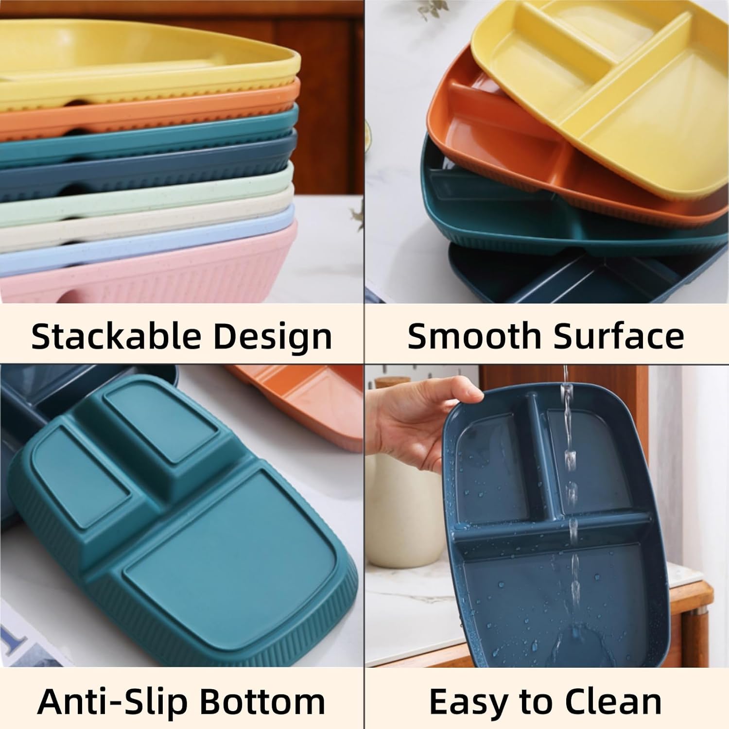 12 Pack Divided Plates, 10.5 Inch Reusable Wheat Straw Dinner Plates for Party, 3 Compartment Sectioned Unbreakable Food Tray for Balanced Meal, Portion Control, Microwave Dishwasher Safe - Image 3