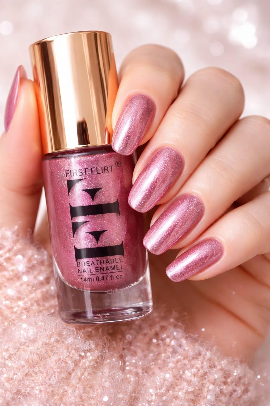 First Flirt Breathable Nail Enamel, MULTI Glitter Shiny Finish | Long Lasting & Oxygen Permeable | 14ml (Rose Gold)-image-20