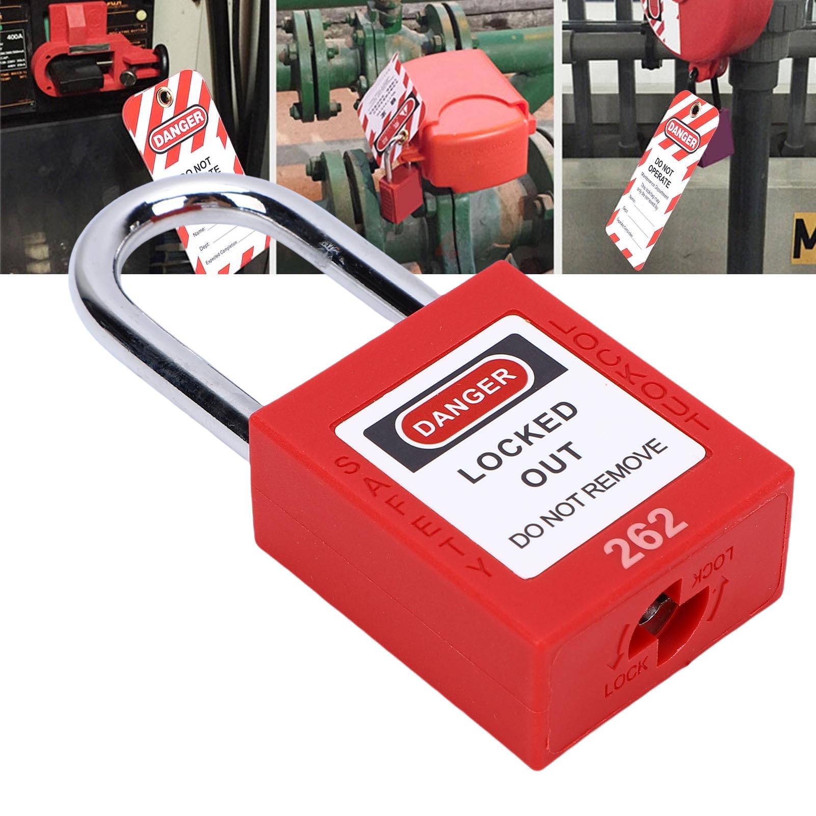 Candado rojo de seguridad con bloqueo y etiquetado con grillete emergente automático para protección de seguridad industrial