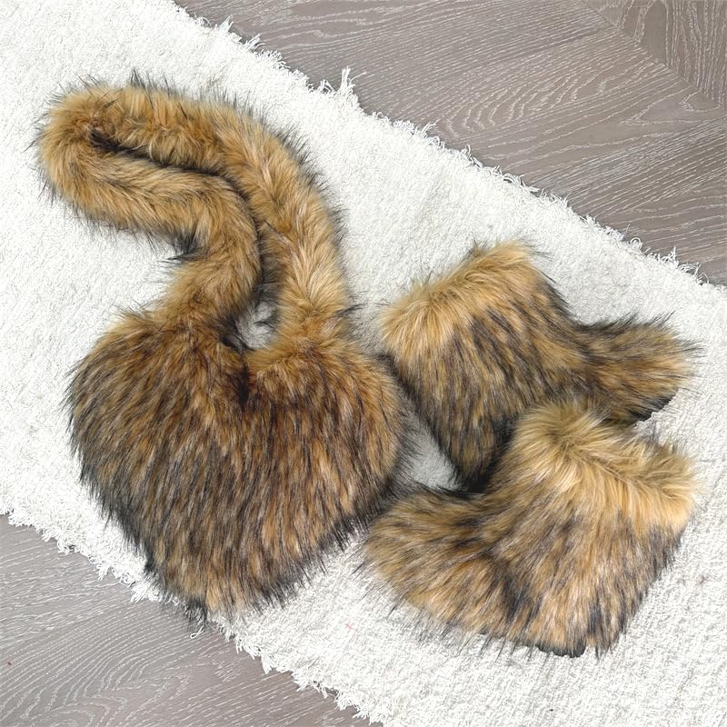 yamerbo Women's Heart Shaped Furry Shoulder Tote Bag Winter Faux Fur Mid-Calf Snow Boots set Y2K Girl Handbag Warm Snow Boots2