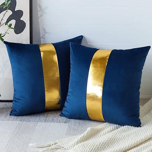 Artscope Juego de 2 fundas de almohada de terciopelo azul marino con costuras de cuero dorado, fundas de cojín cuadradas modernas y minimalistas