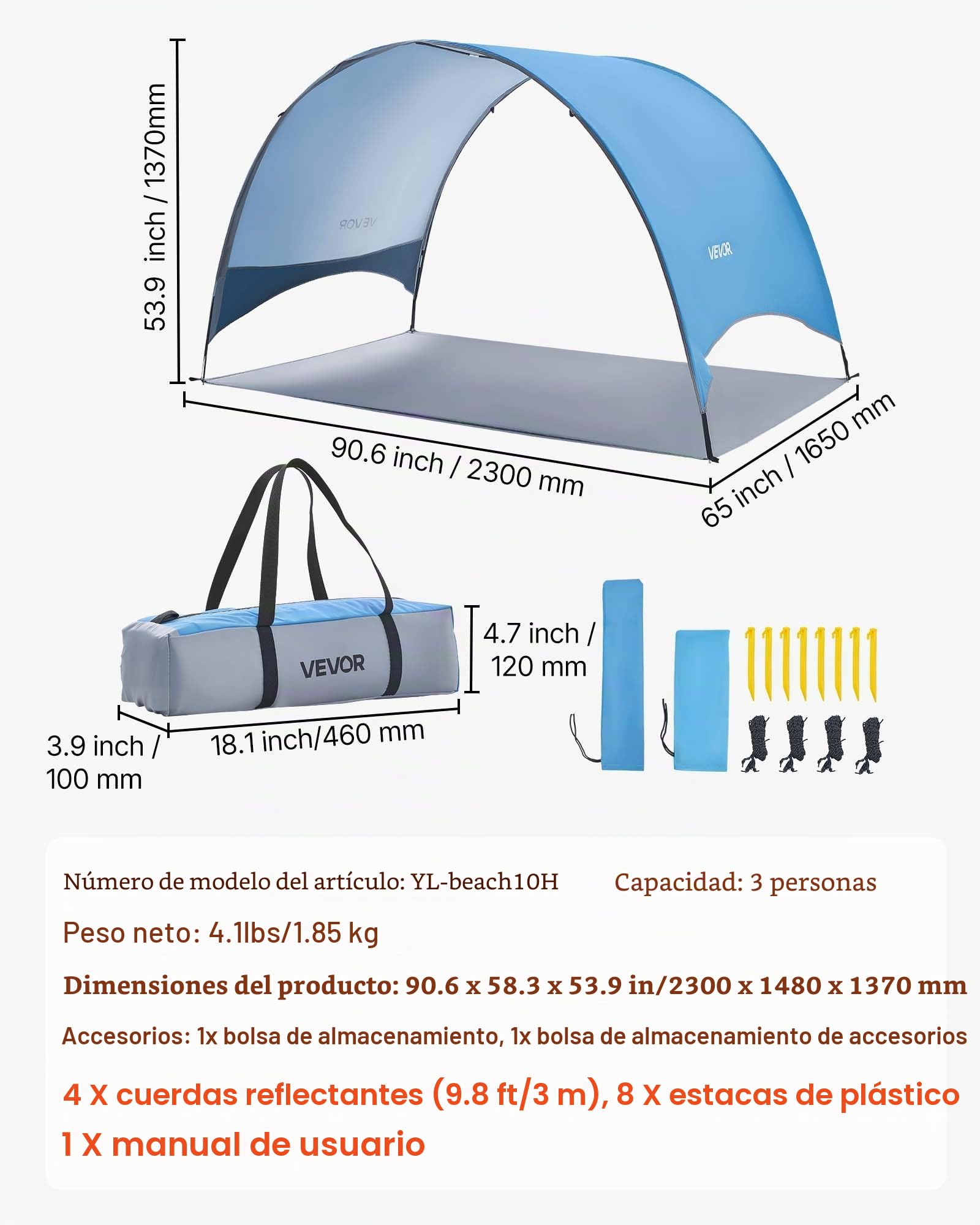 VEVOR Tienda de Playa para 3 Personas 230 x 148 x 137 cm, Carpa de Refugio de Sol Protección UPF 50+, Carpa Portátil de Playa con Bolsa de Transporte y Estacas, para Picnics, Camping, Pescar, Azul