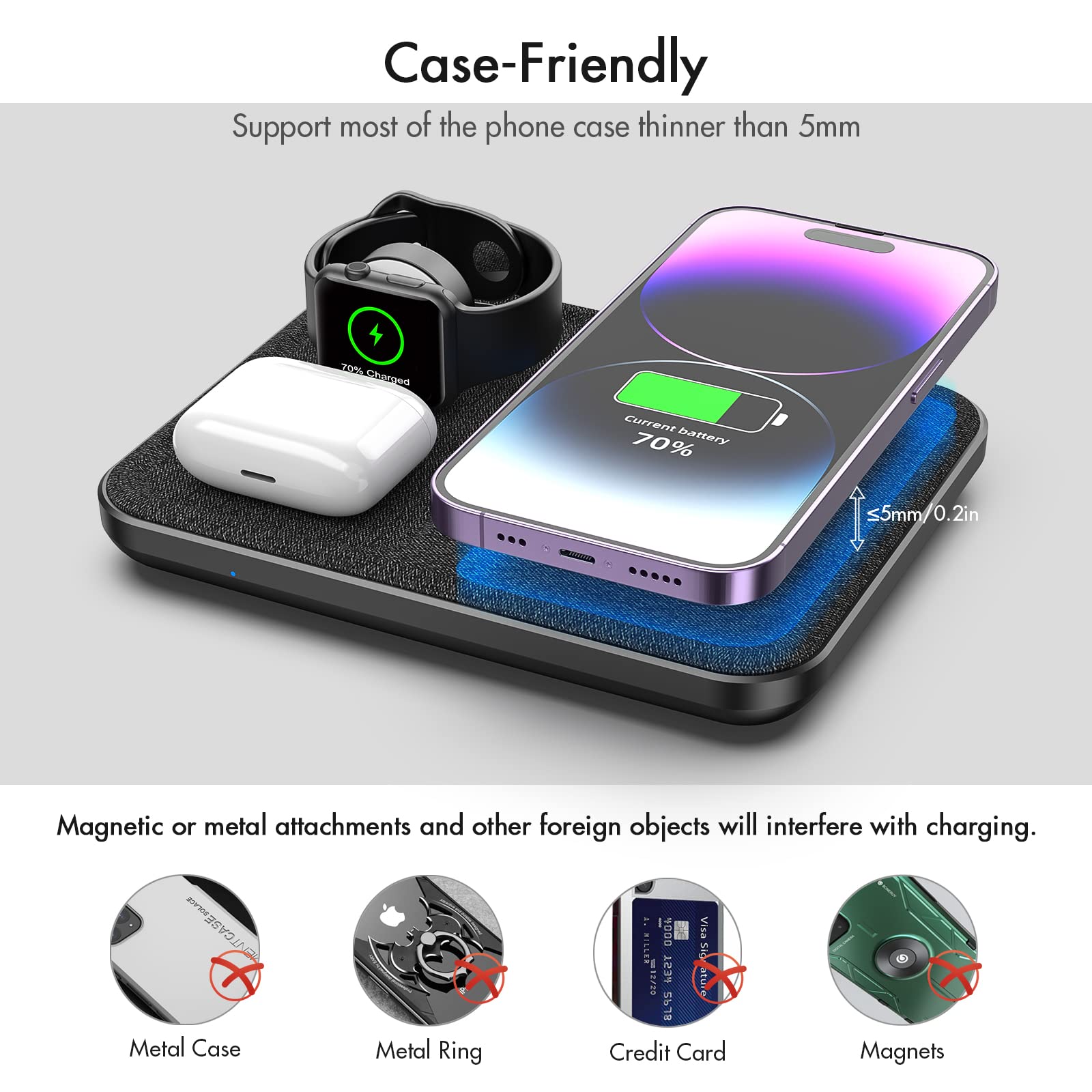 Mangotek Caricabatterie wireless Stazione di ricarica per iPhone e orologi, 4 in 1 iWatch e AirPods Dispositivi multipli per ricarica rapida Tappetino Dock per iPhone 13 12 11 Pro Max 7 8 SE X XS XR