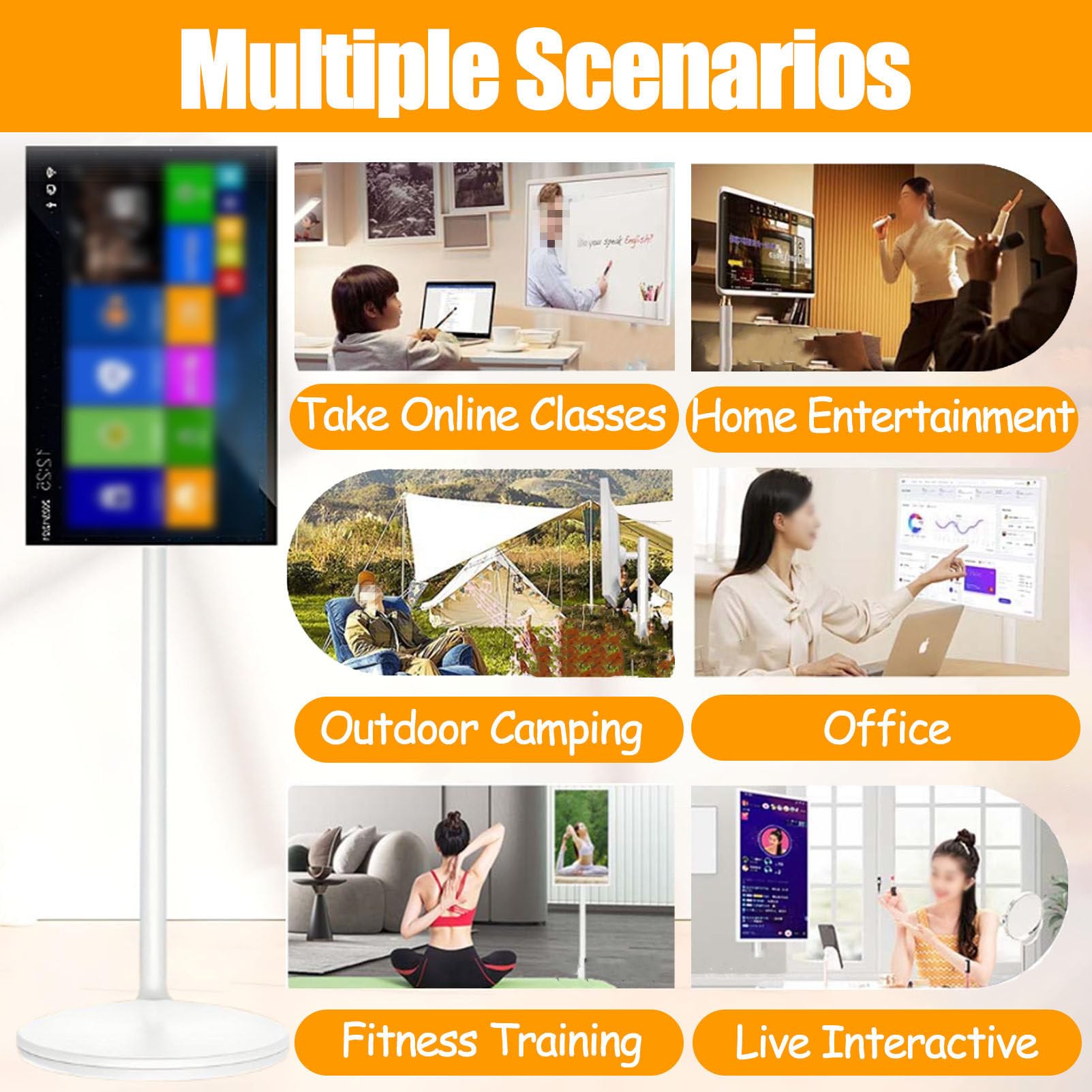Monitor touch screen intelligente con batteria integrata, mirroring dello schermo wireless, supporto portatile su ruote per uso ufficio