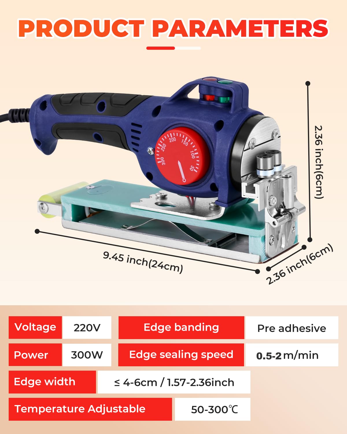 YUCHENGTECH Encoladora de Cantos Manual Portátil Encoladora de Cantos Termofusible 50-300℃ Temperatura Ajustable para 0-60 mm Cinta Tapacantos Adhesiva Termofusible