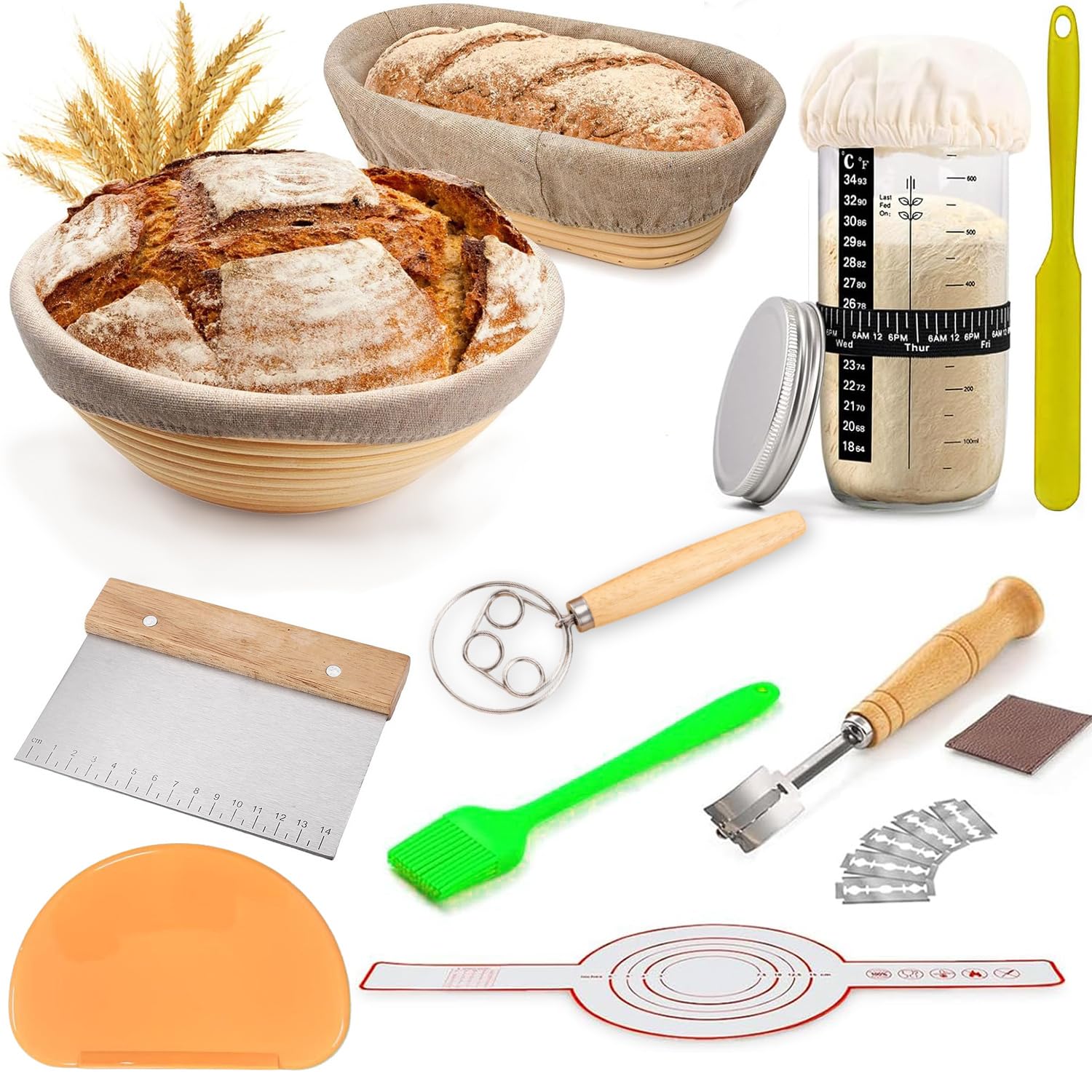 KinConnyen.® Starter-Set für natürliches Sauerteig. Runder und ovaler Korb für natürliche Fermentation, 100% natürliches Rattan, 600 ml Mutterteig-Topf, Brotmesser, Teigpeitsche