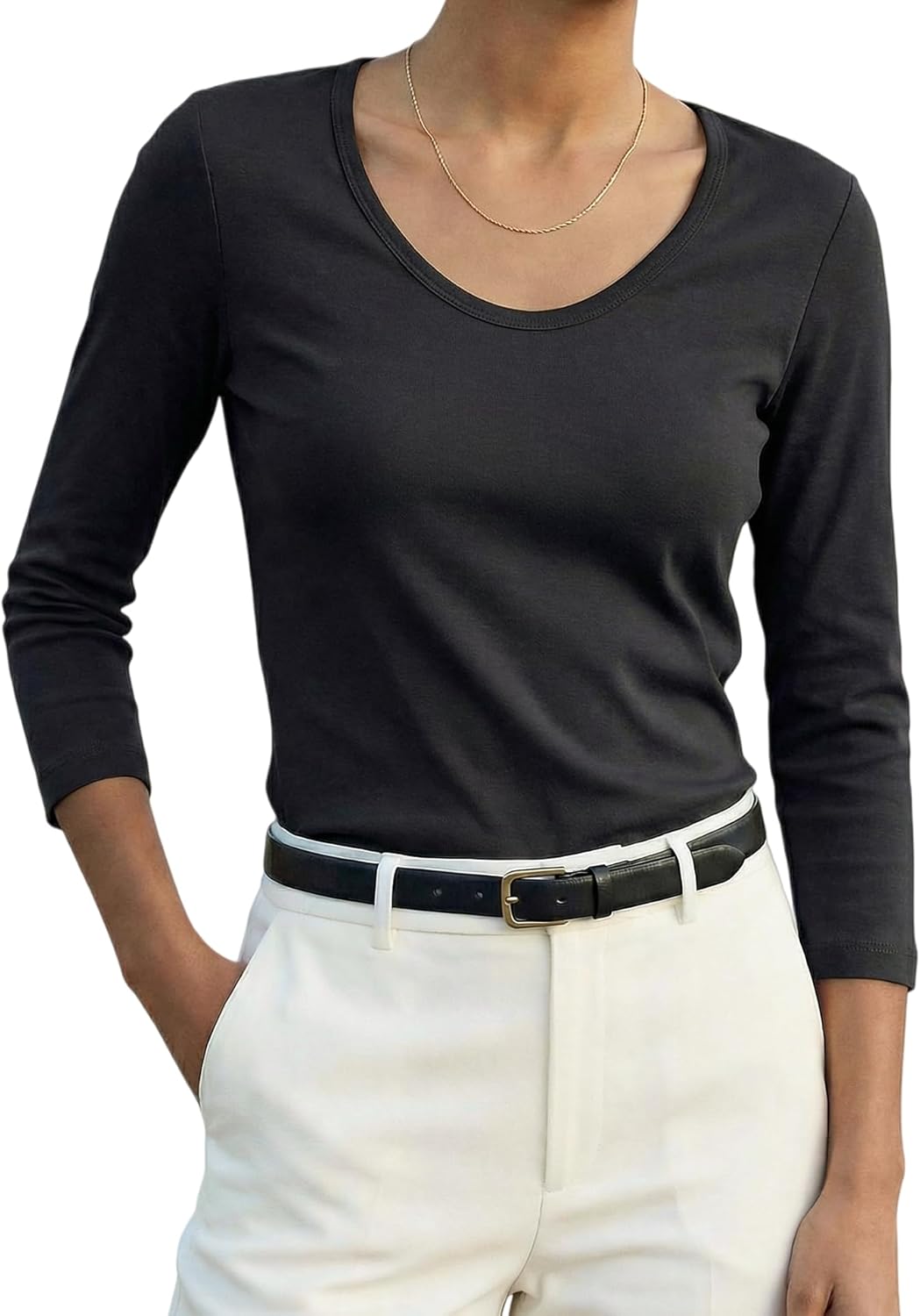 Women's 3/4 Sleeve Scoop Neck T-Shirt Cotton Blend Slim Fit Basic Tee Casual Spring Top 2026