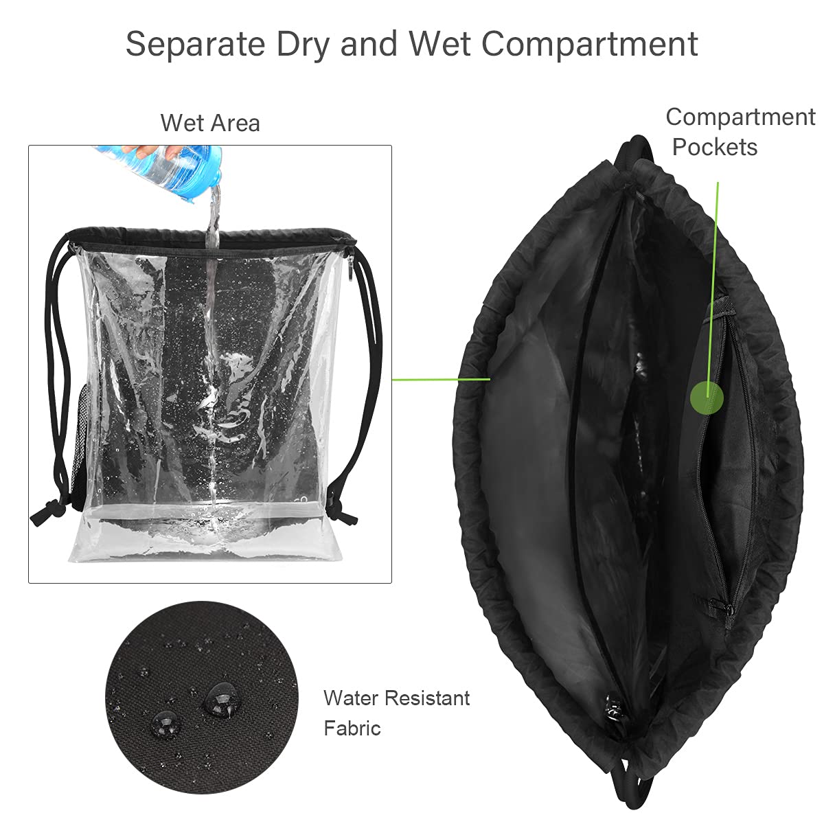 RYACO Waterproof Drawstring Backpack, Swimming Sports Gym Bag, with Outside Zipper Pocket, Water Cup Mesh Packet - Image 2