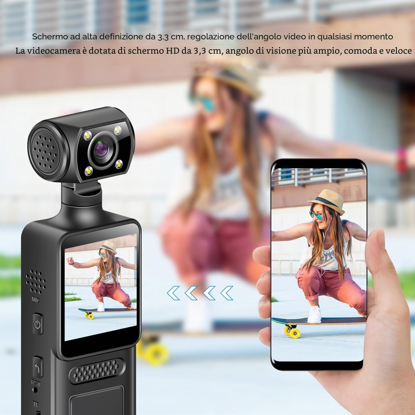 Bewinner Videocamera Tascabile 4K Ultra HD, Mini Videocamme di Tasca Audio con Obiettivo a Rotazione a 180 °, Fotocamera Abilitata WiFi, Videocamera Sportiva per Esterni per gli Sport