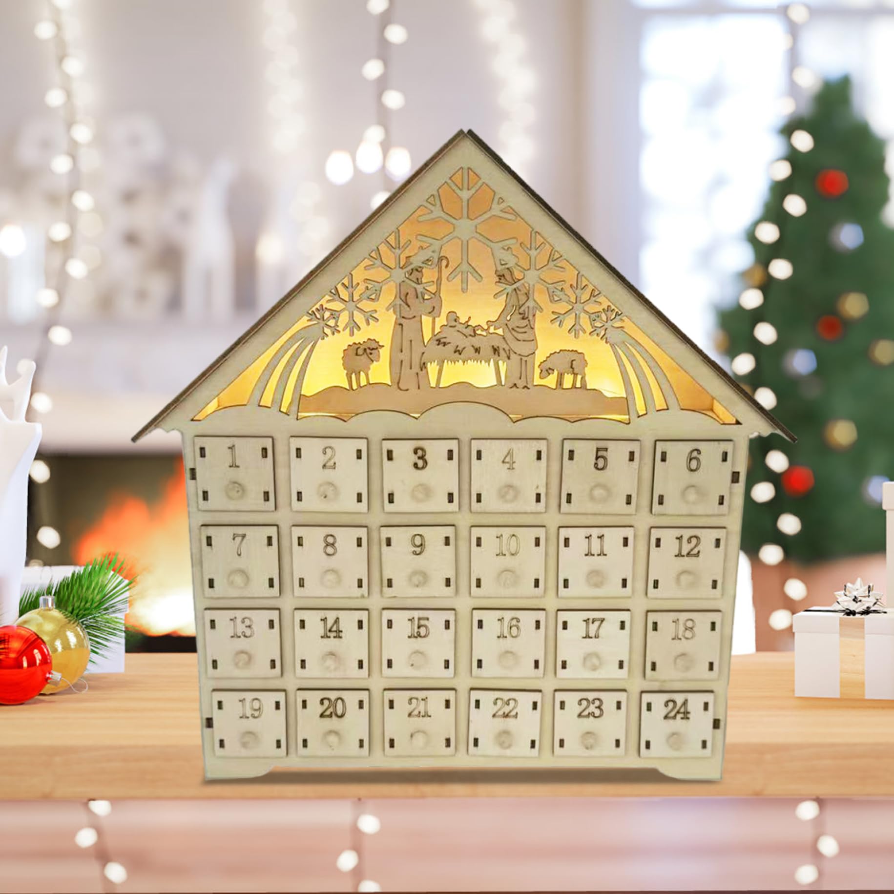 Calendario dell'Avvento in legno con cassetti e LED Conto alla rovescia di 24 giorni per il calendario dell'Avvento di Natale 2025 Funziona a batteria per adulti Decorazione della casa per bambini