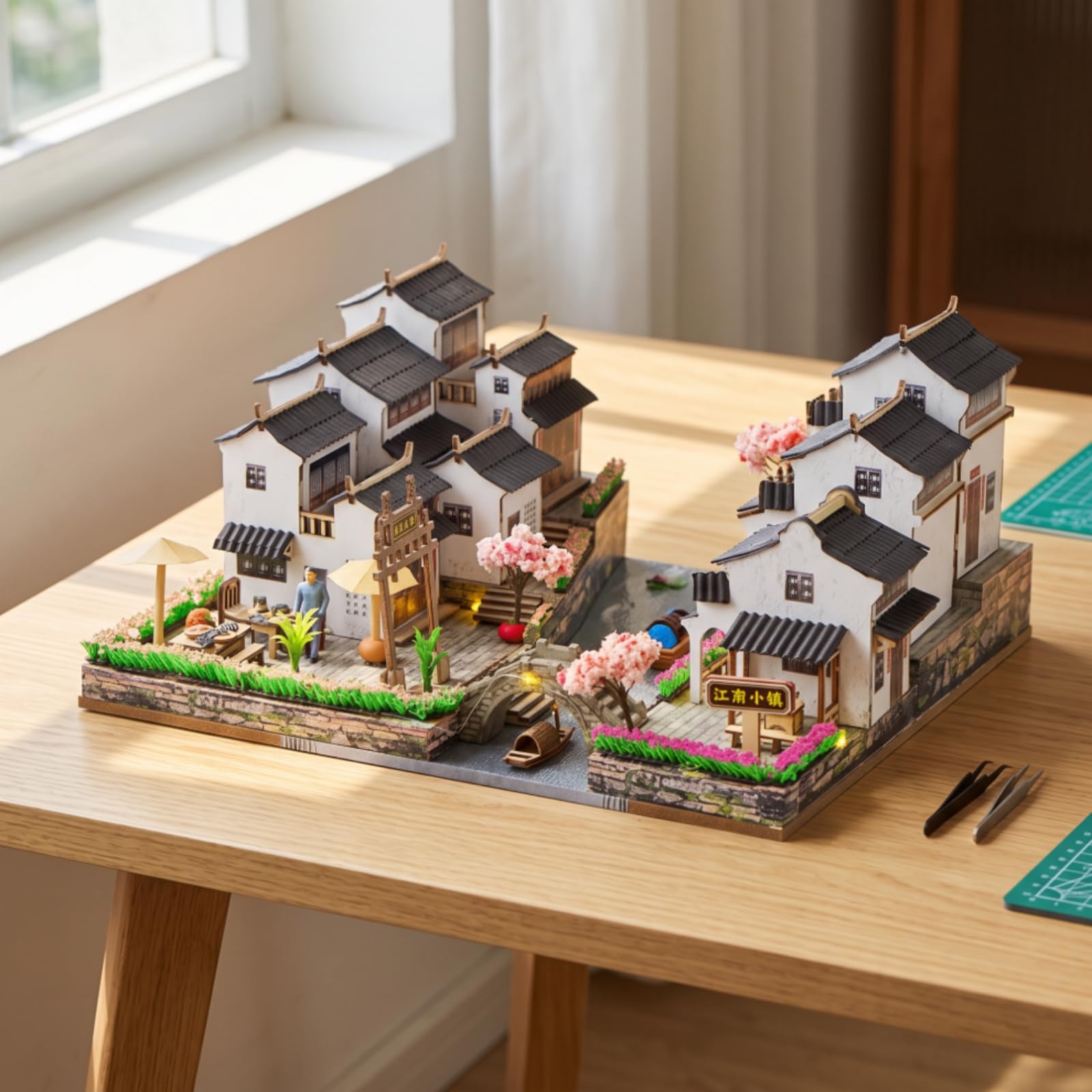 Architecture Assembly PRO Modello in in Miniatura Diorama Tradizionale con Ponte Ad Arco E Figura Decorativa Adatto per Collezione Decorazione Studio, 江南小镇2号BM382
