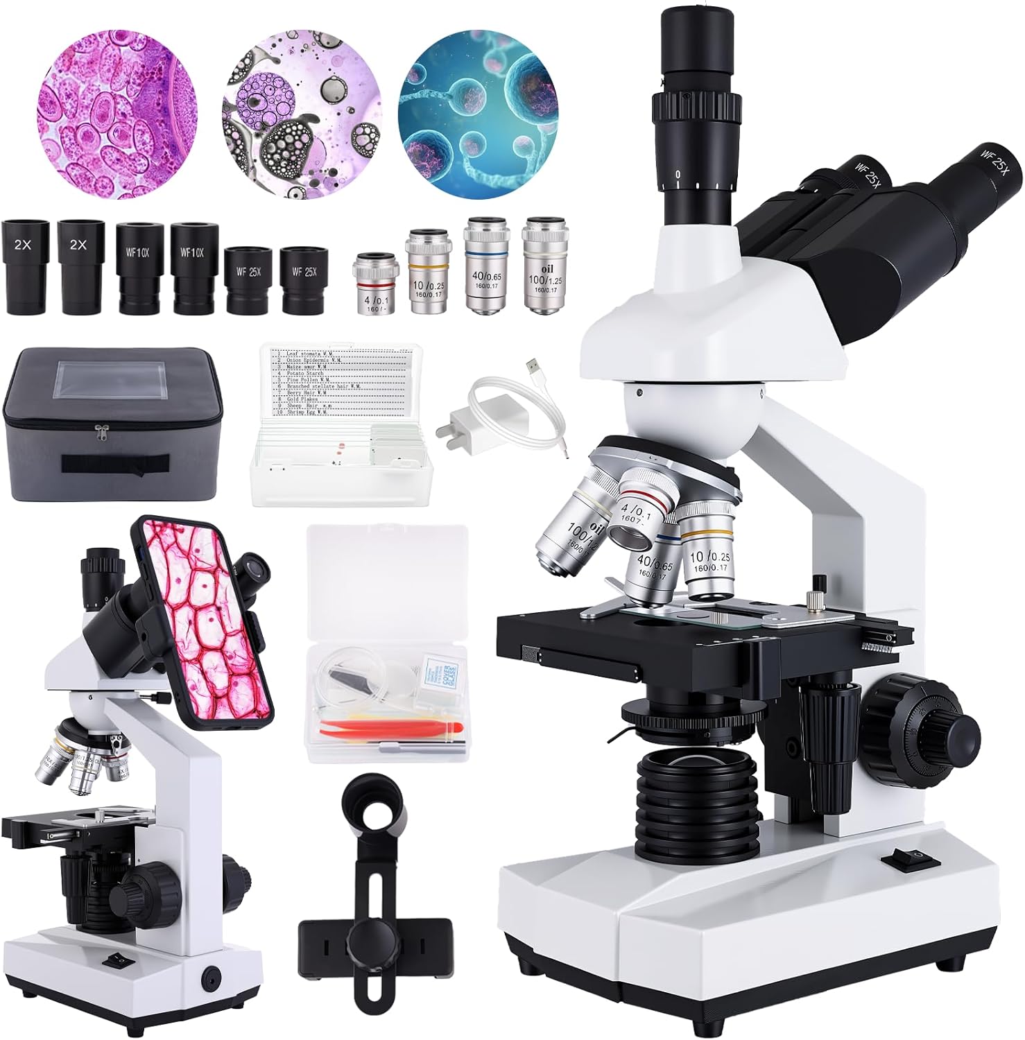 Goldstyle Compound trinocular Microscope, 40x-5000x Magnification, WF10x and WF25x eyepieces, LED Illumination, Adult Microscope for Schools, Home Labs, Children and Beginners