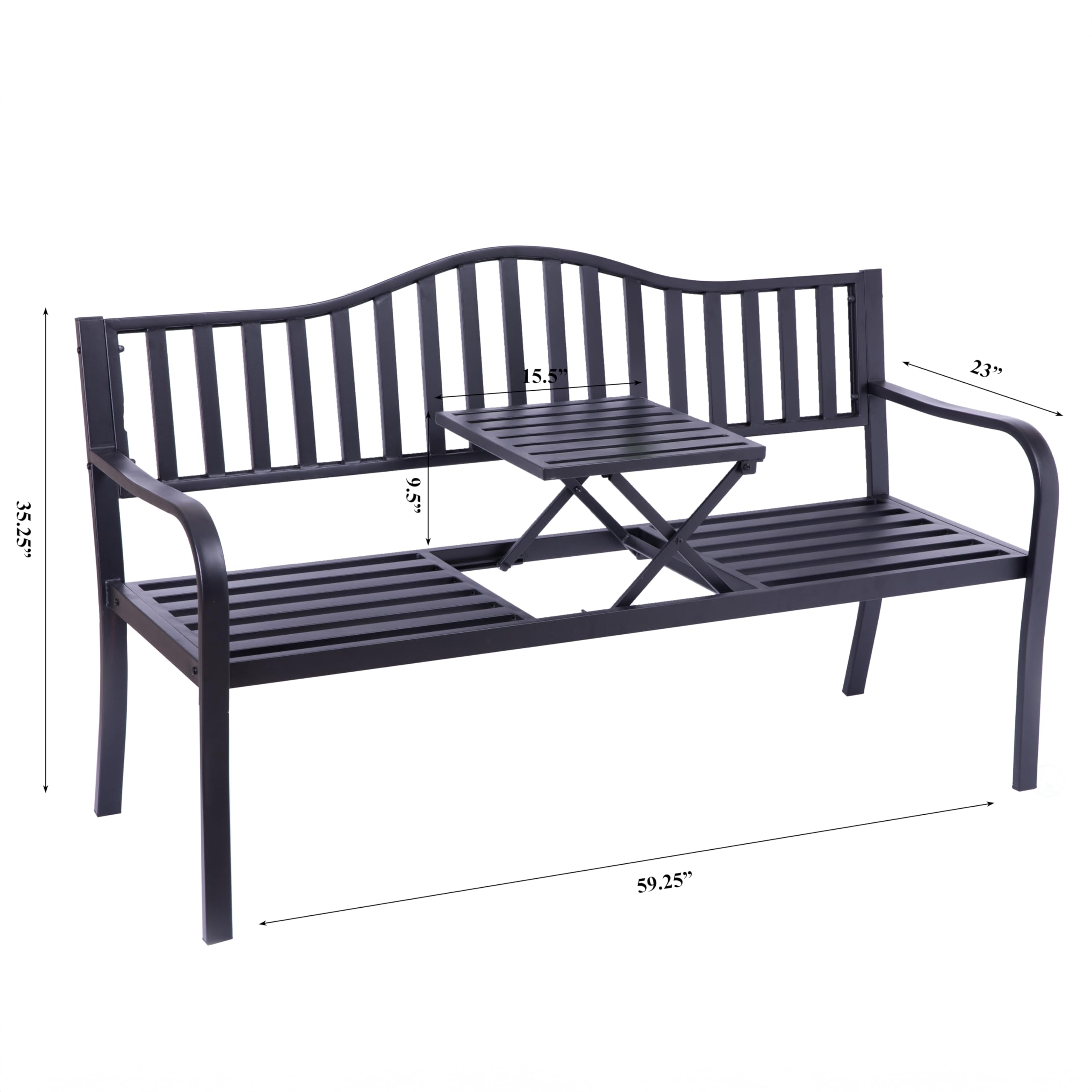 QI003461L Banco de parque de acero con recubrimiento en polvo para exteriores, banco de jardín con mesa central emergente, banco de asiento para decoración de césped para patio, jardín, 6