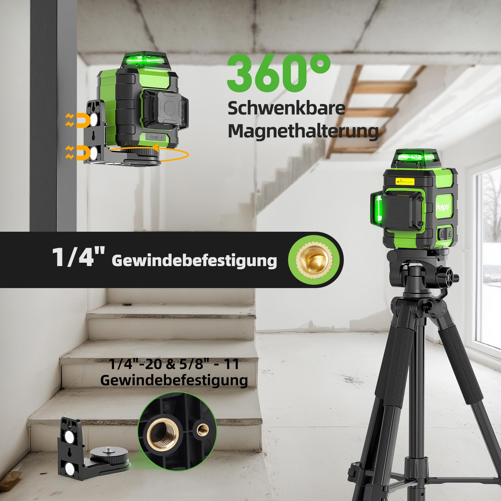 Huepar Kreuzlinienlaser 360 grün, selbstnivellierend, wiederaufladbar, Laser Wasserwaage 3x360°, 3D-Nivelliergerät für Bauarbeiten, mit starker Magnethalterung und robustem Transportkoffer – HM03CG