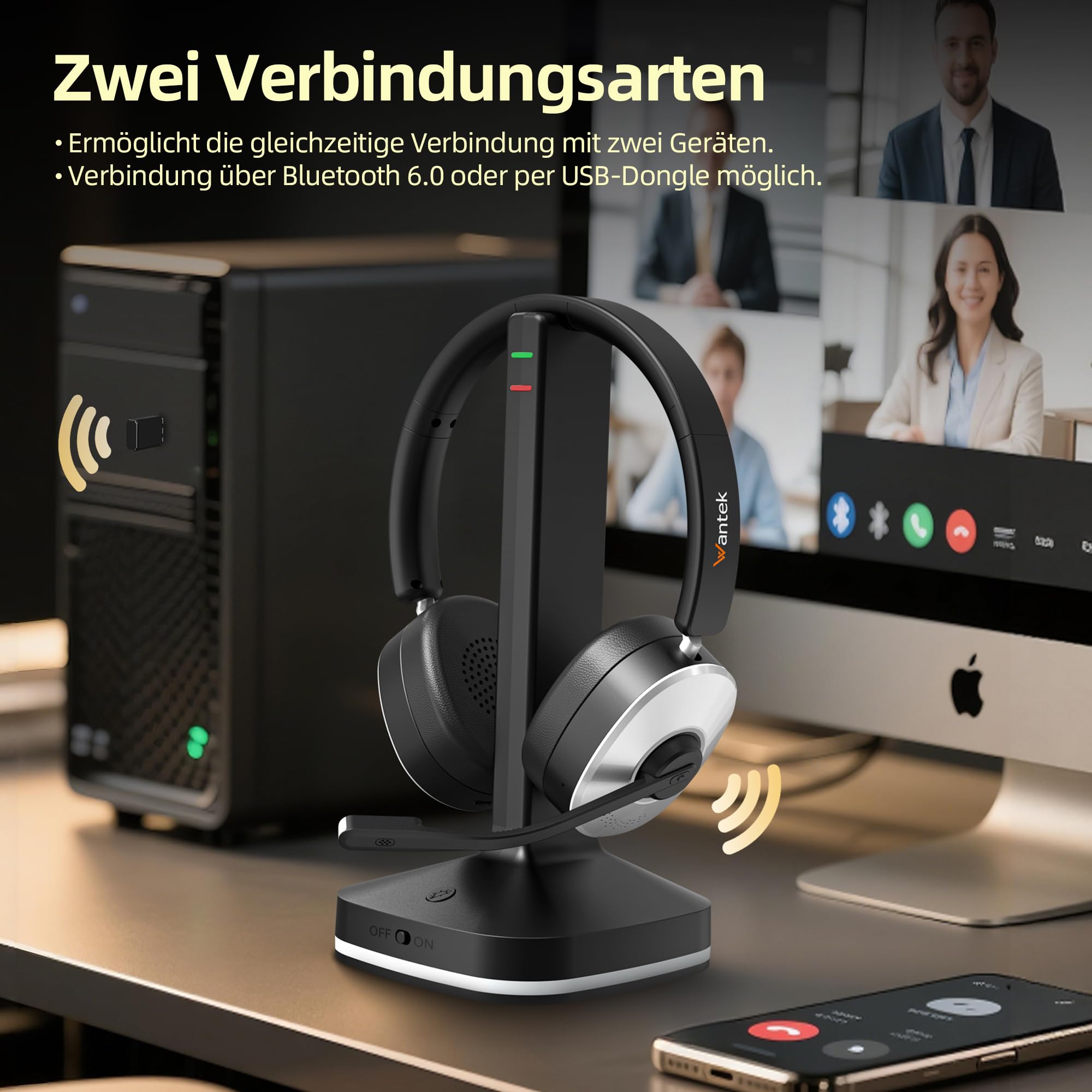 Wantek Casque Bluetooth sans Fil avec Micro, Casque sans Fil avec Station de Charge, Dongle USB, Casque Bluetooth avec Microphone pour PC Bureau Zoom Skype Ordinateur Portable Centre d'appel équipes