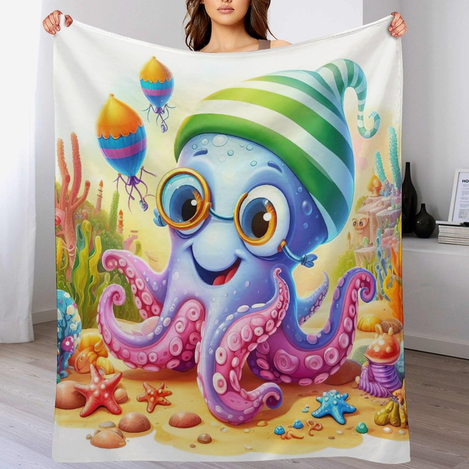 Couverture poulpe en flanelle 180x200 cm douce et chaude pour lit